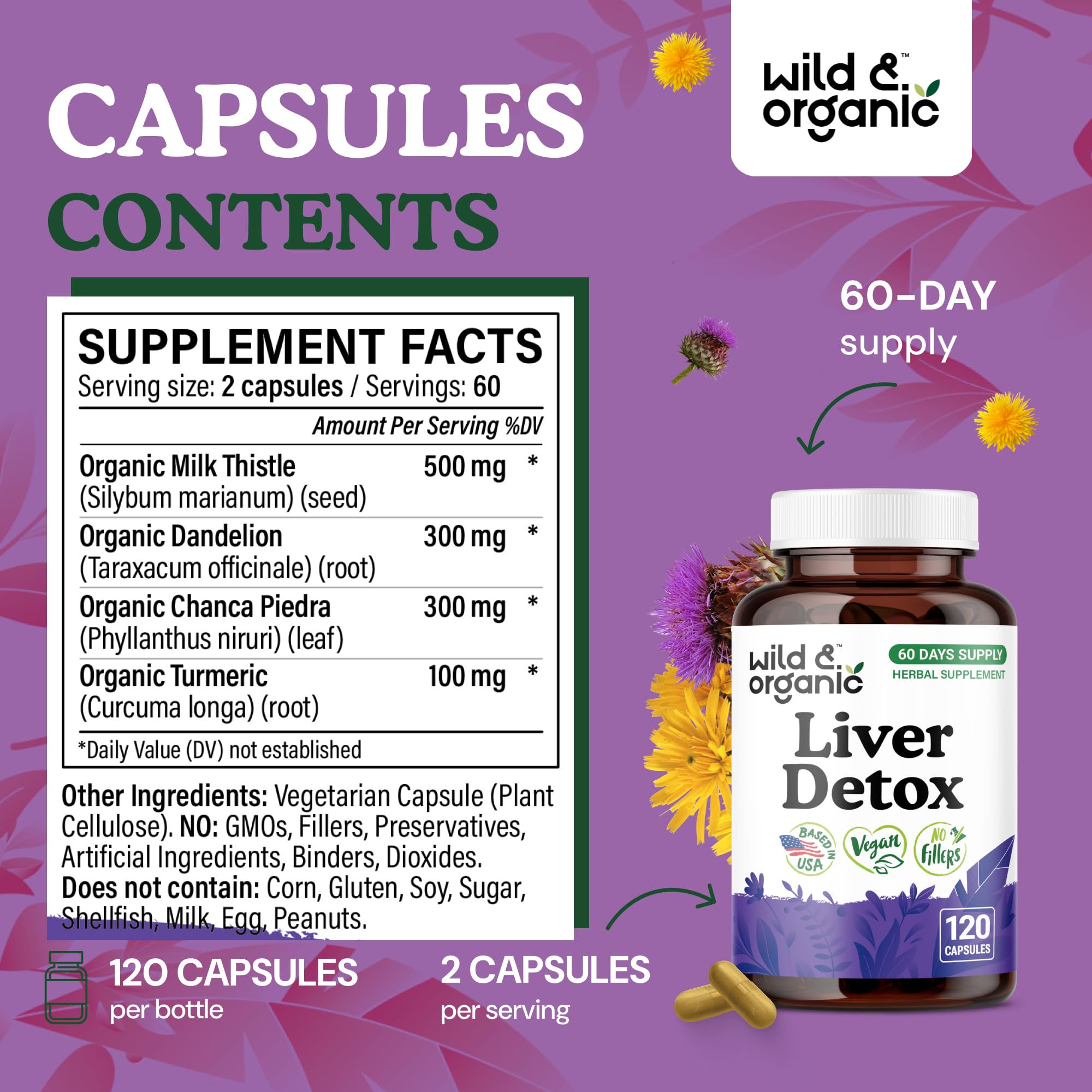 Ingrédients Wild & Organic: chardon-marie, pissenlit et curcuma pour le soutien hépatique.