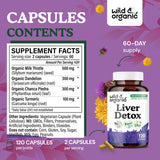 Ingrédients Wild & Organic: chardon-marie, pissenlit et curcuma pour le soutien hépatique.