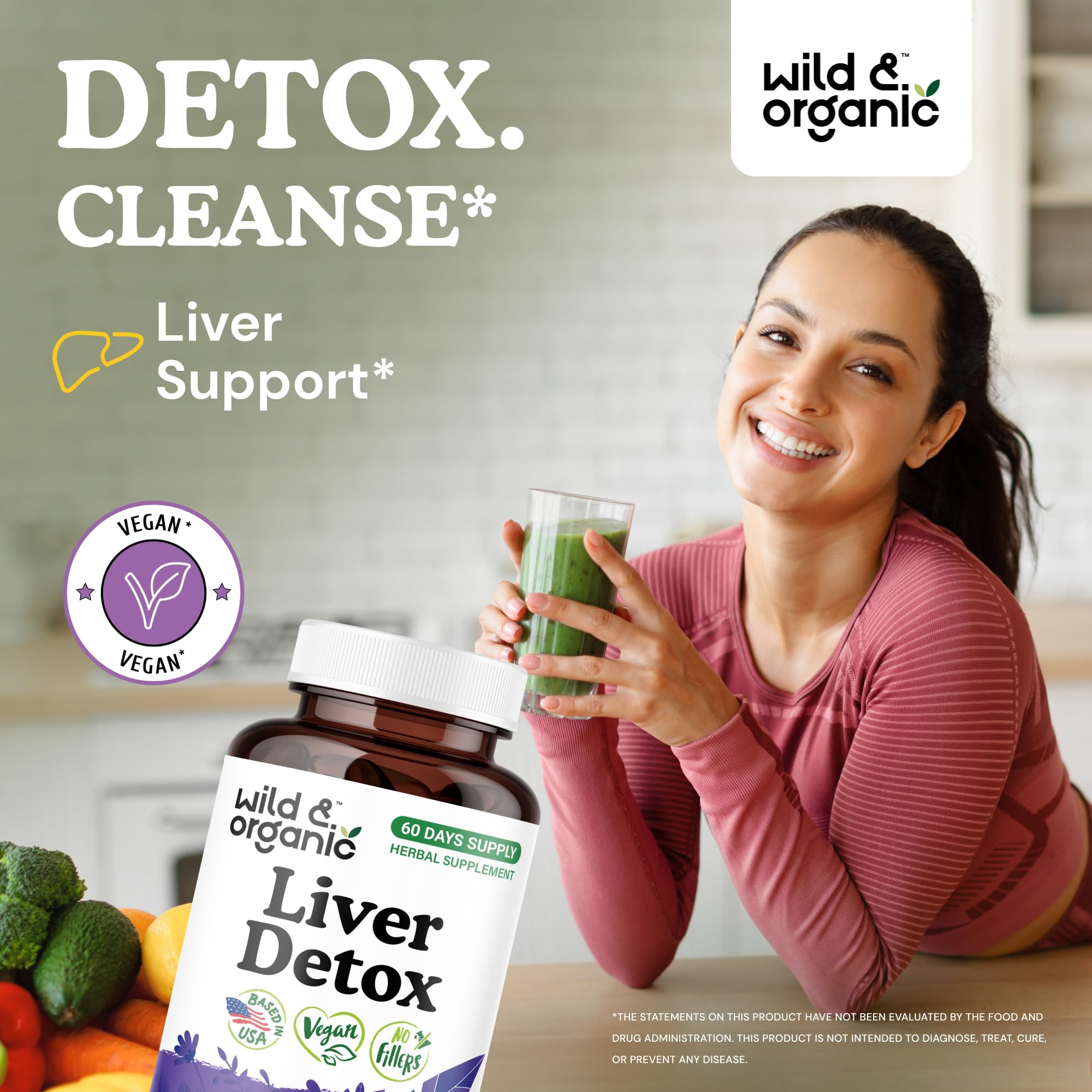 Gros plan sur les capsules Wild & Organic Détox foie, faciles à avaler.