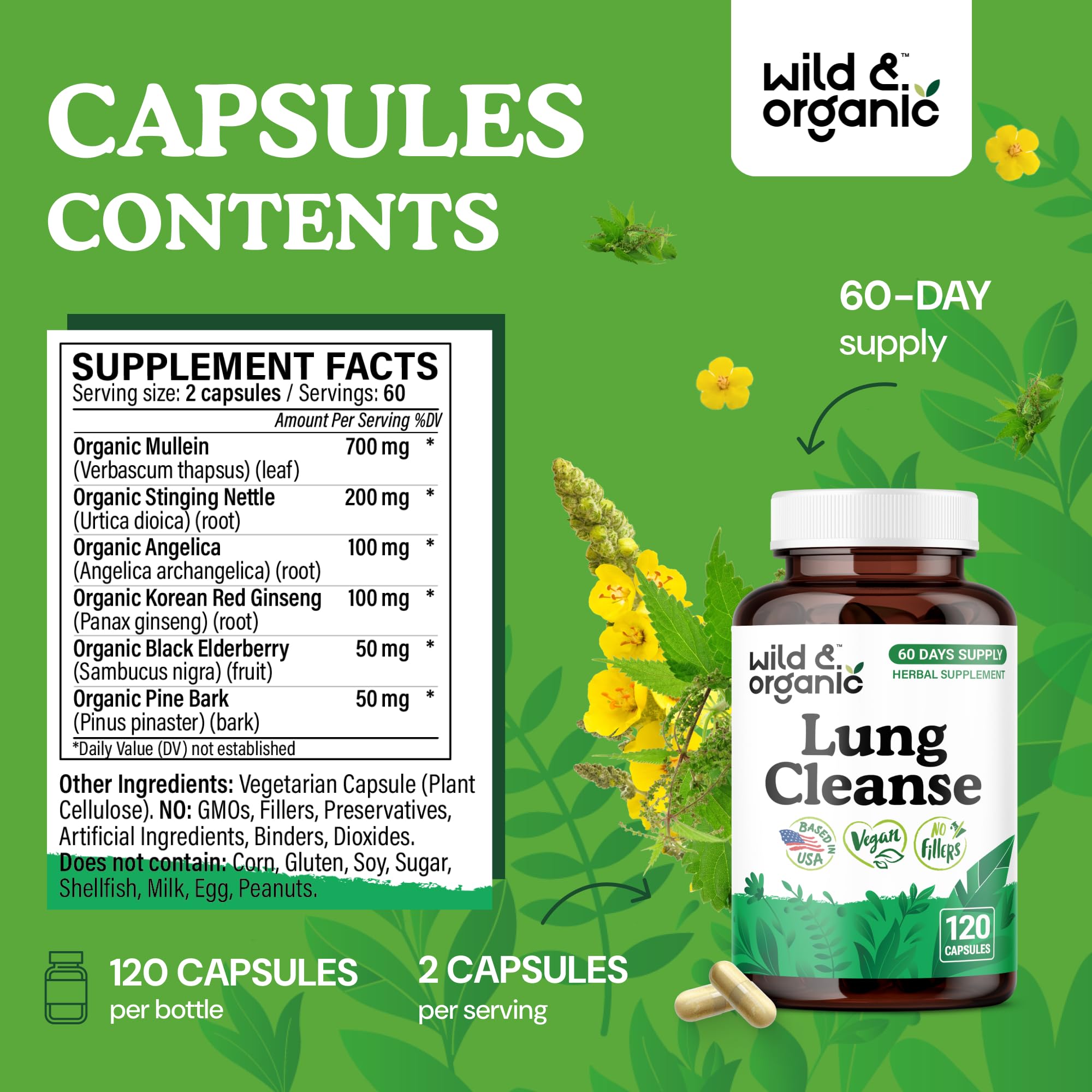 Wild & Organic Lung Cleanse: étiquette détaillée sur composants naturels.