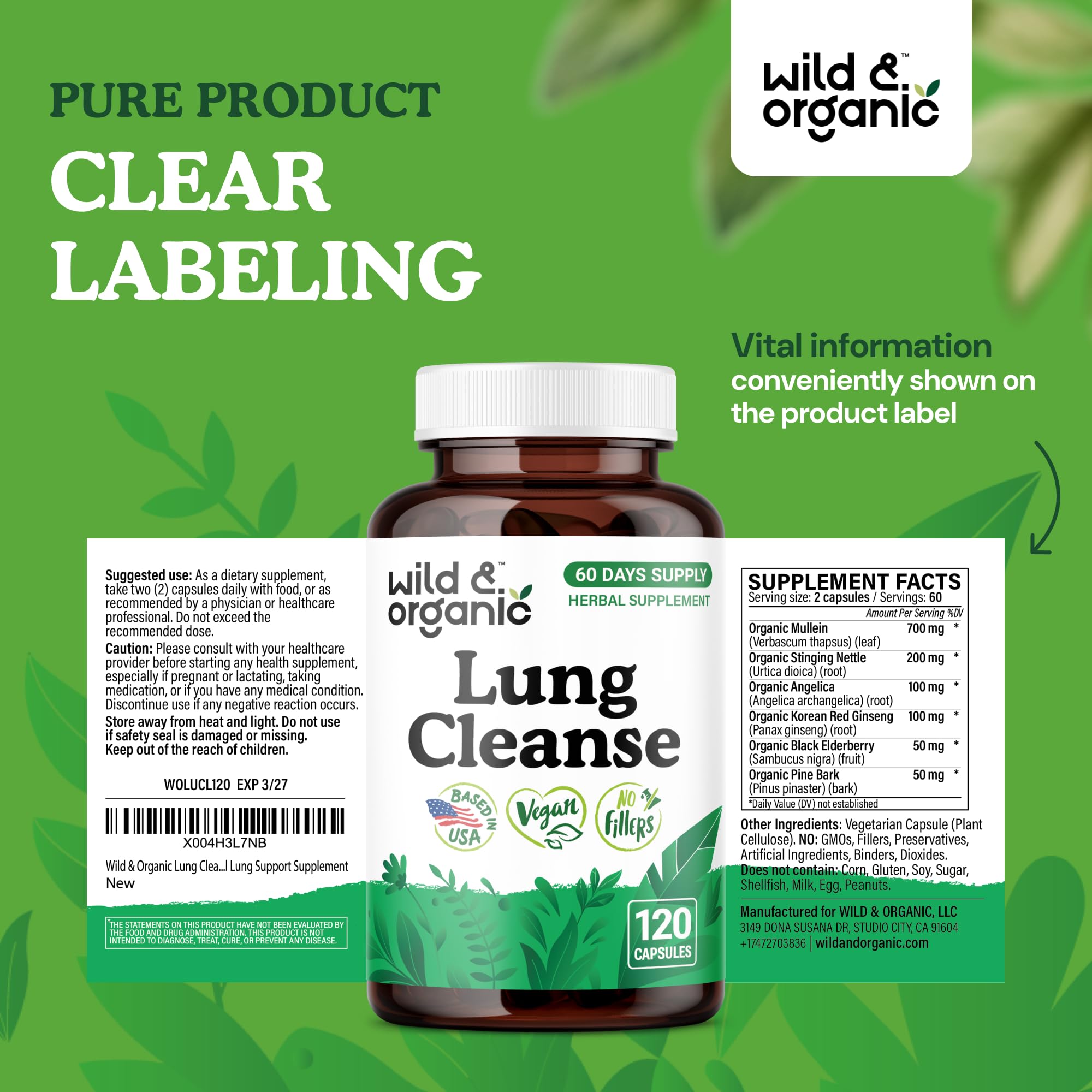 Wild & Organic Lung Cleanse: ingrédients comme mullein et ginseng mis en avant.