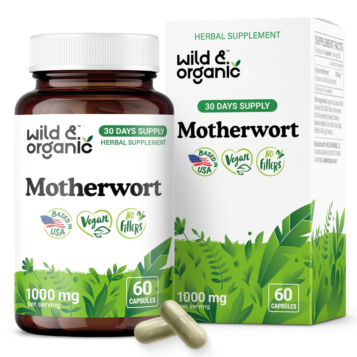 Wild & Organic Motherwort Capsules, bouteille visible, soutien potentiel au calme