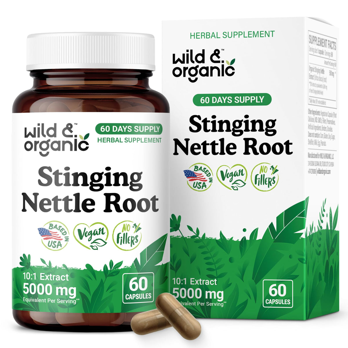 Wild & Organic Ortie piquante capsules 5000 mg visibles en flacon.