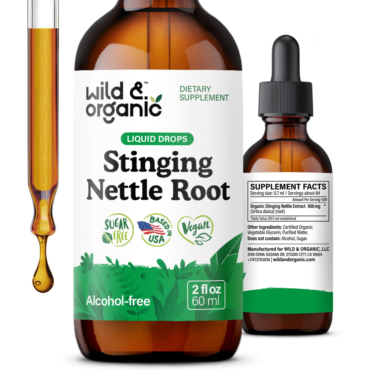 Wild & Organic gouttes d'ortie-racine dans la bouteille, soutien potentiel du confort urinaire.