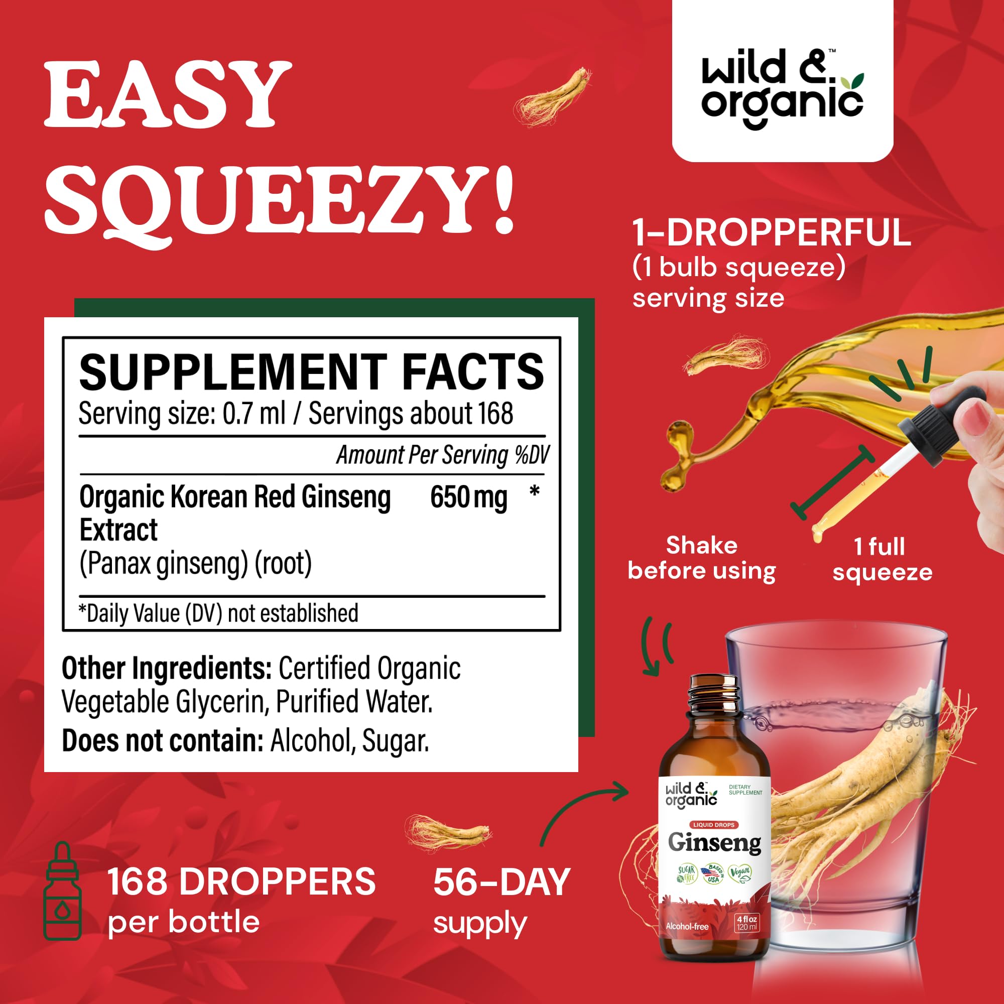 Wild & Organic panax ginseng rouge extrait en bouteille 4 oz, format durable.
