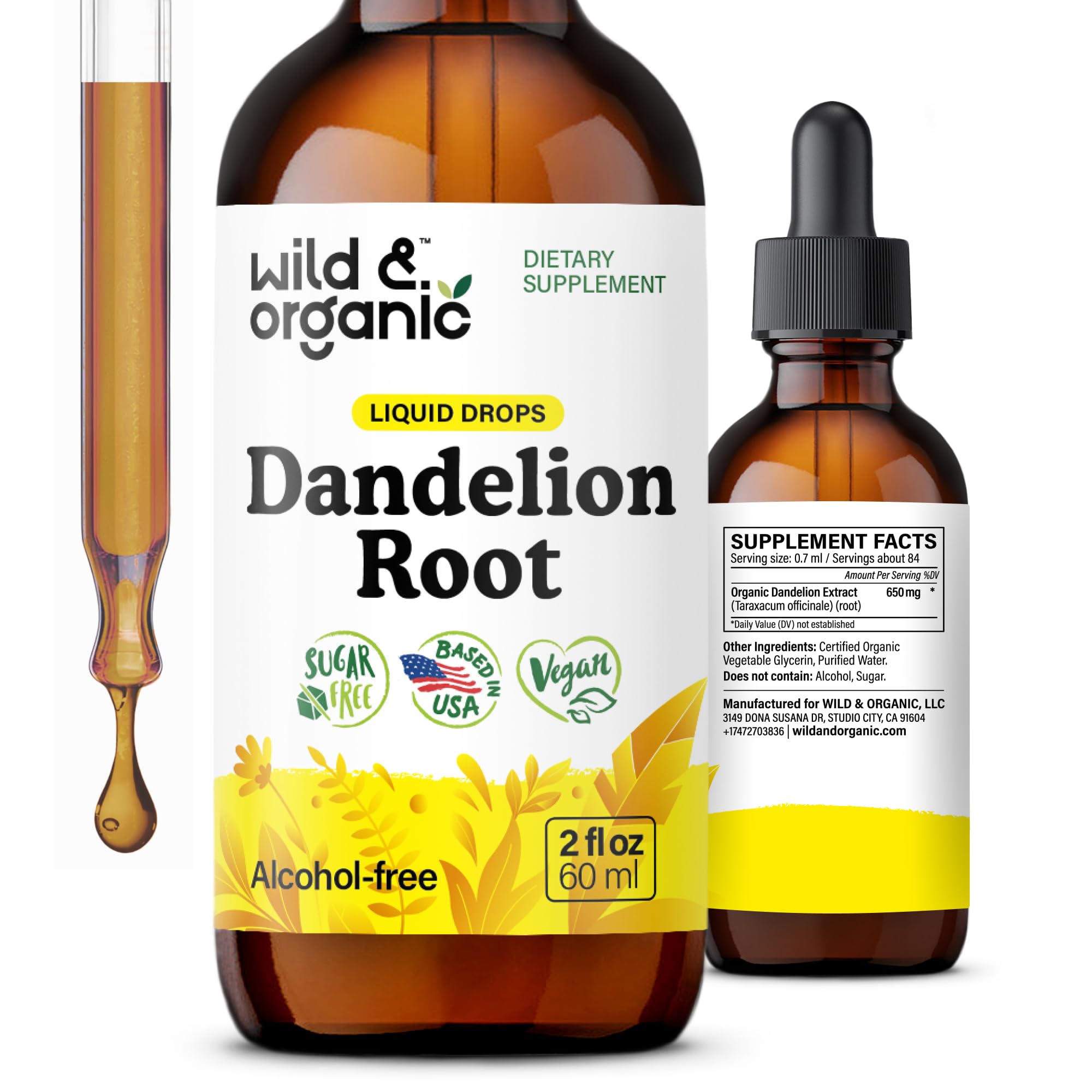 Wild & Organic racine de pissenlit dans bouteille, soutien potentiel au foie.