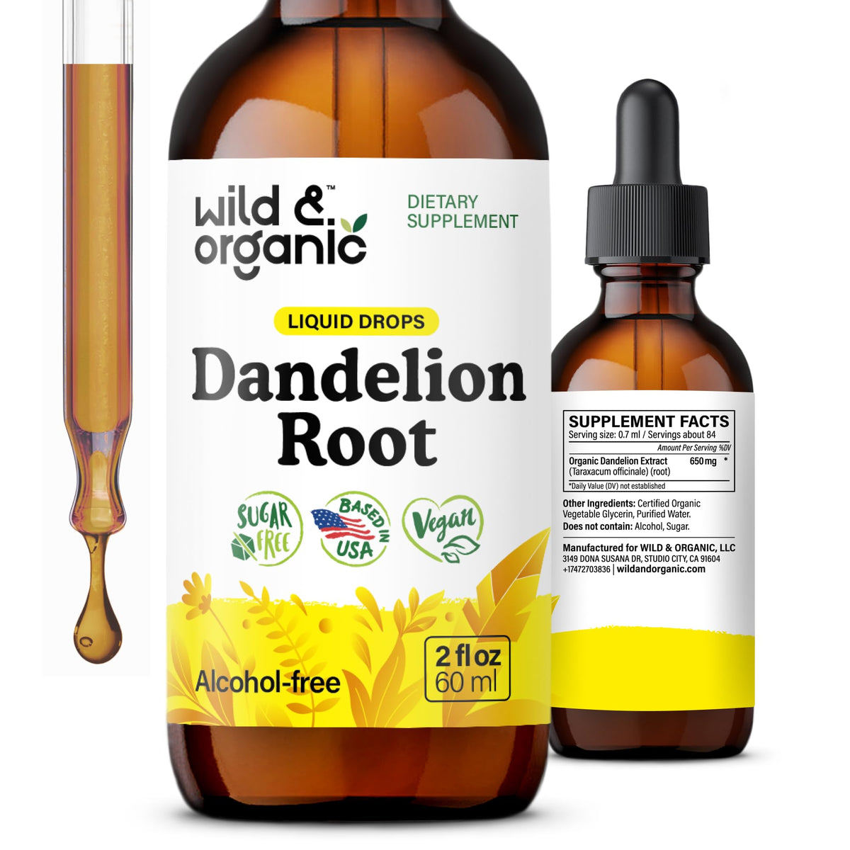 Wild & Organic racine de pissenlit dans bouteille, soutien potentiel au foie.