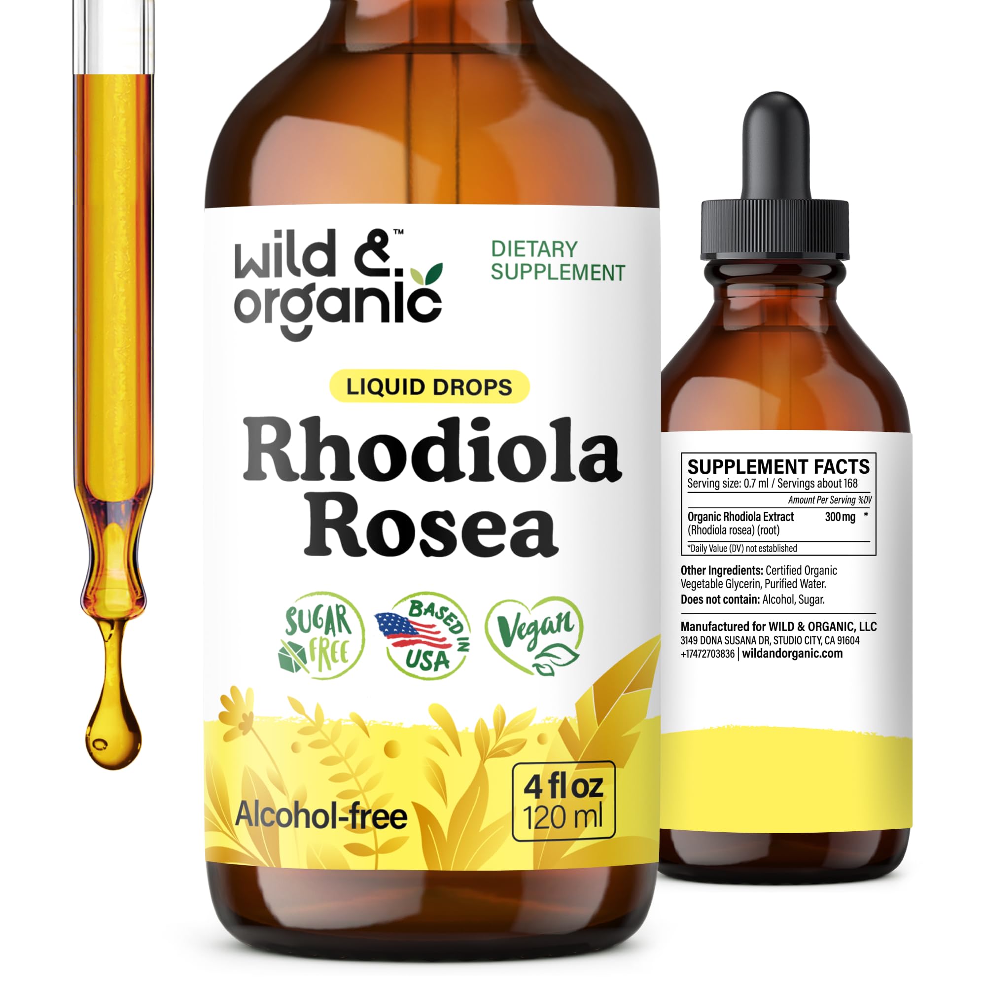 Wild & Organic Rhodiola Rosea Teinture, bouteille 4oz, soutien détente naturel