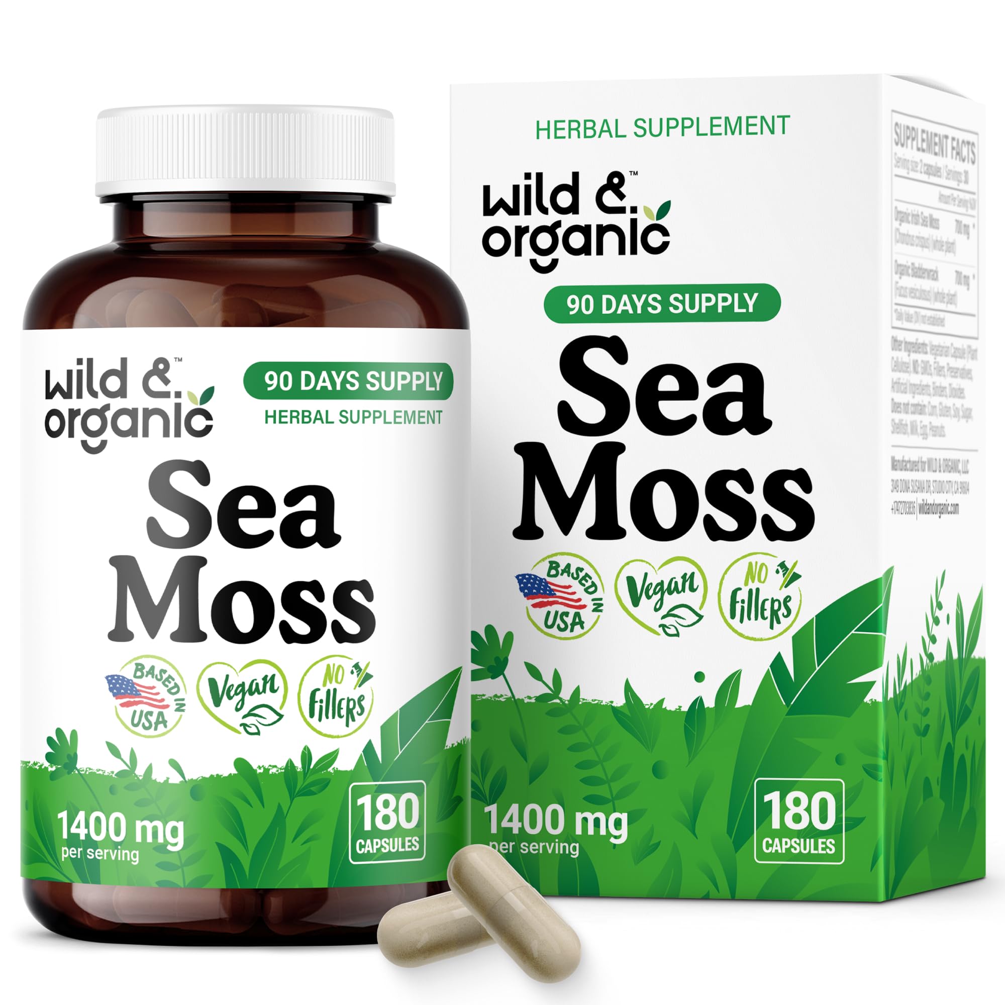 Wild & Organic Sea Moss Capsules bouteille visible, soutien potentiel au bien-être général.