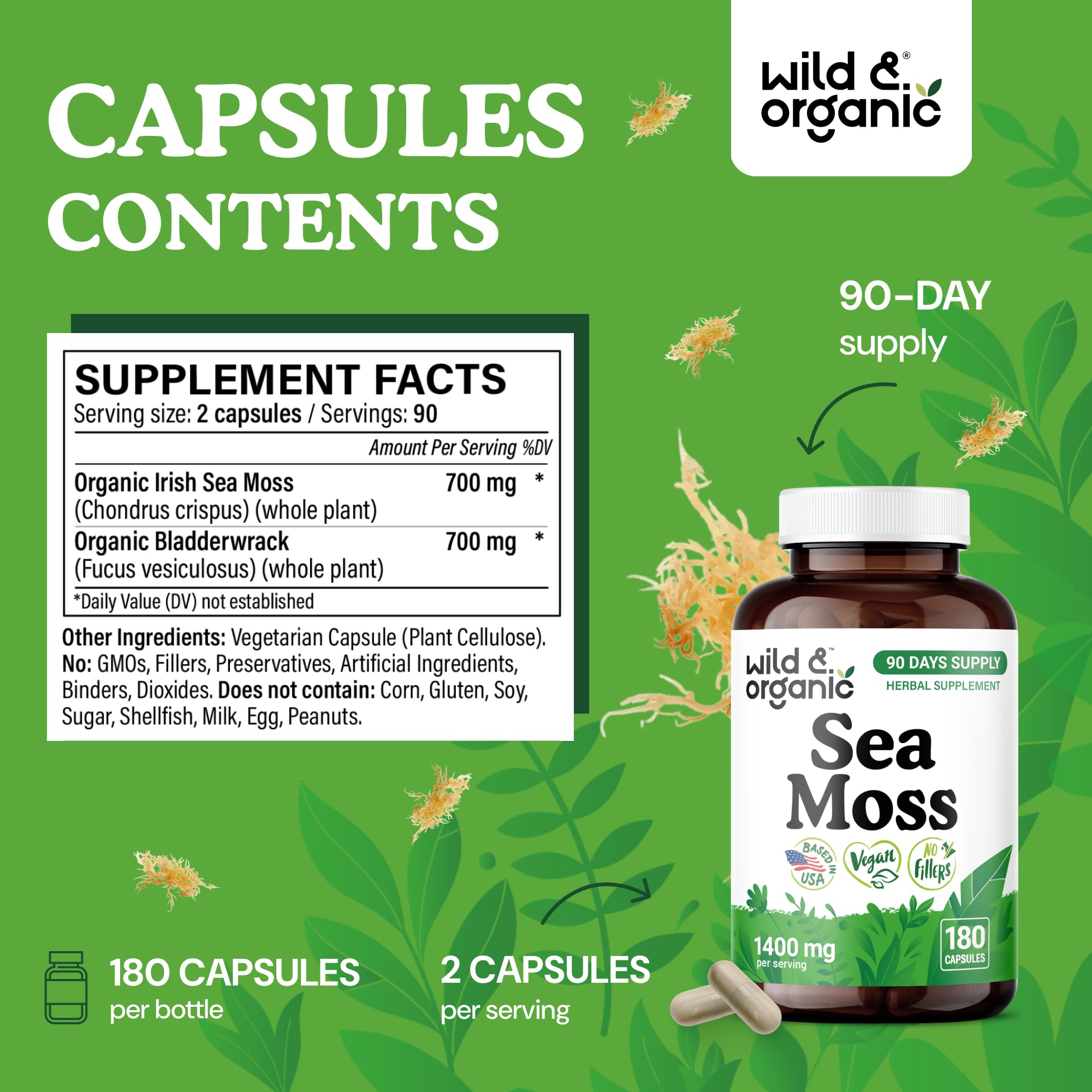 Wild & Organic Sea Moss Capsules gélules, design facile à avaler et pratique.