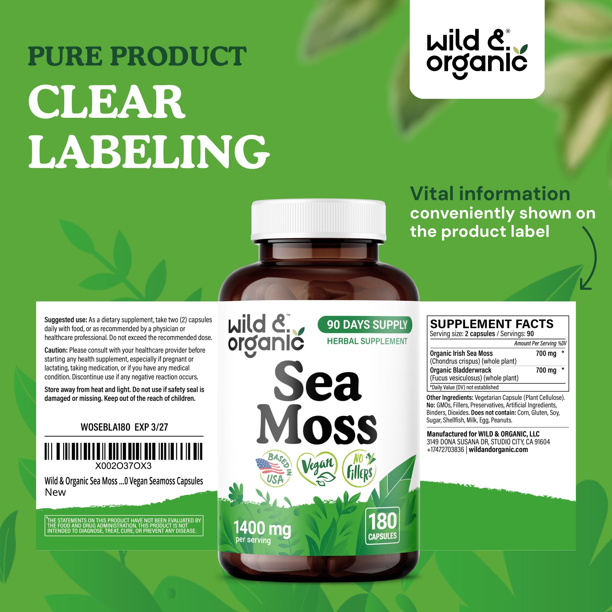 Wild & Organic Sea Moss Capsules plante irlandaise, source naturelle et durable.