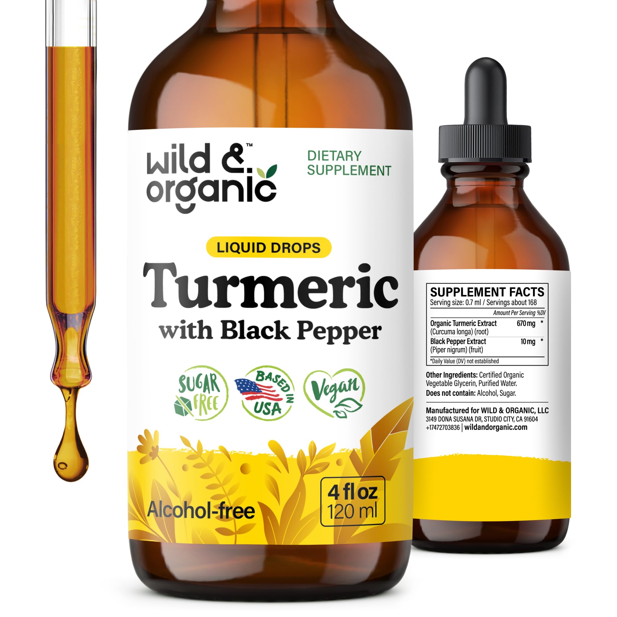 Wild & Organic teinture-curcuma-bouteille: facile à ajouter à vos boissons quotidiennes.