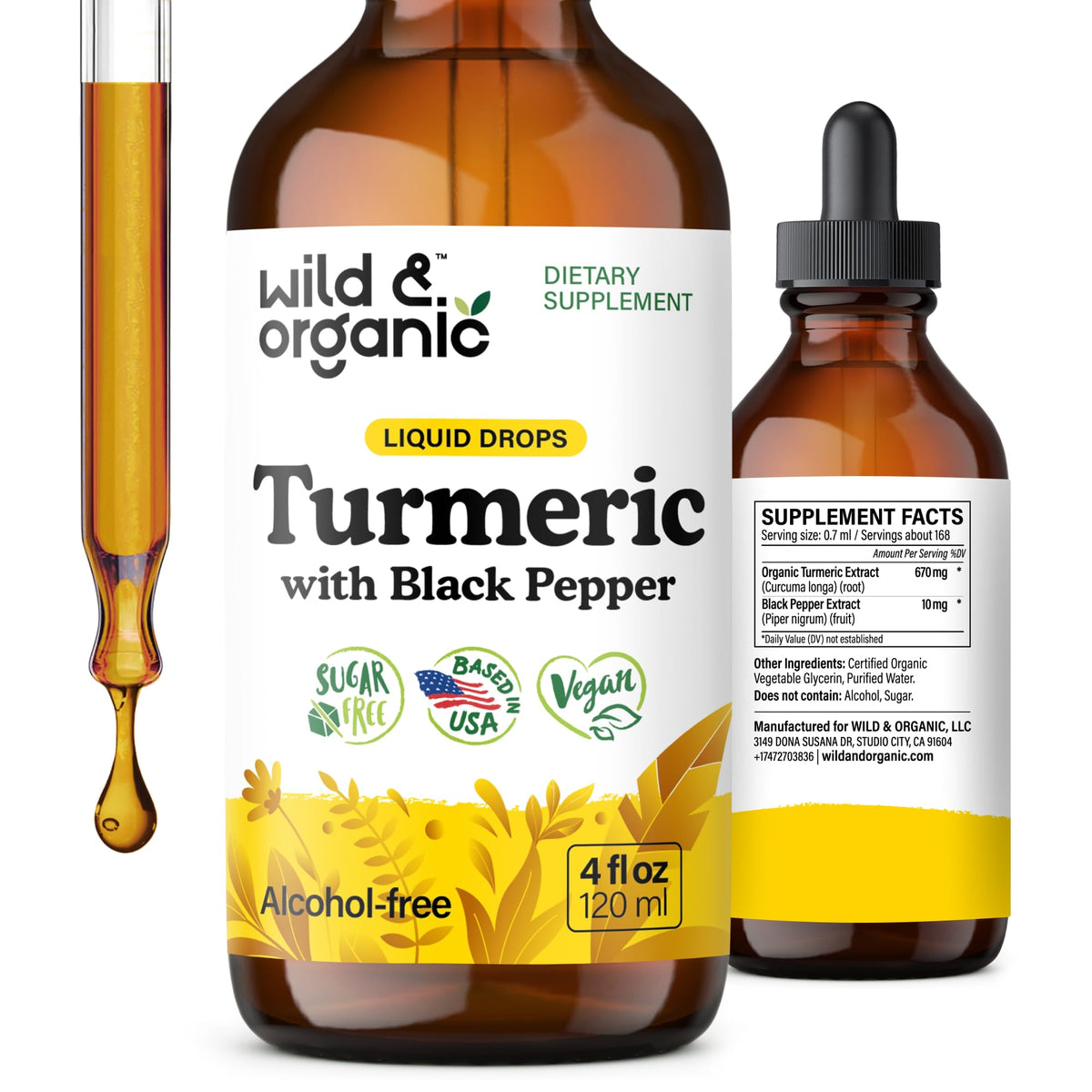 Wild & Organic teinture-curcuma-bouteille: facile à ajouter à vos boissons quotidiennes.