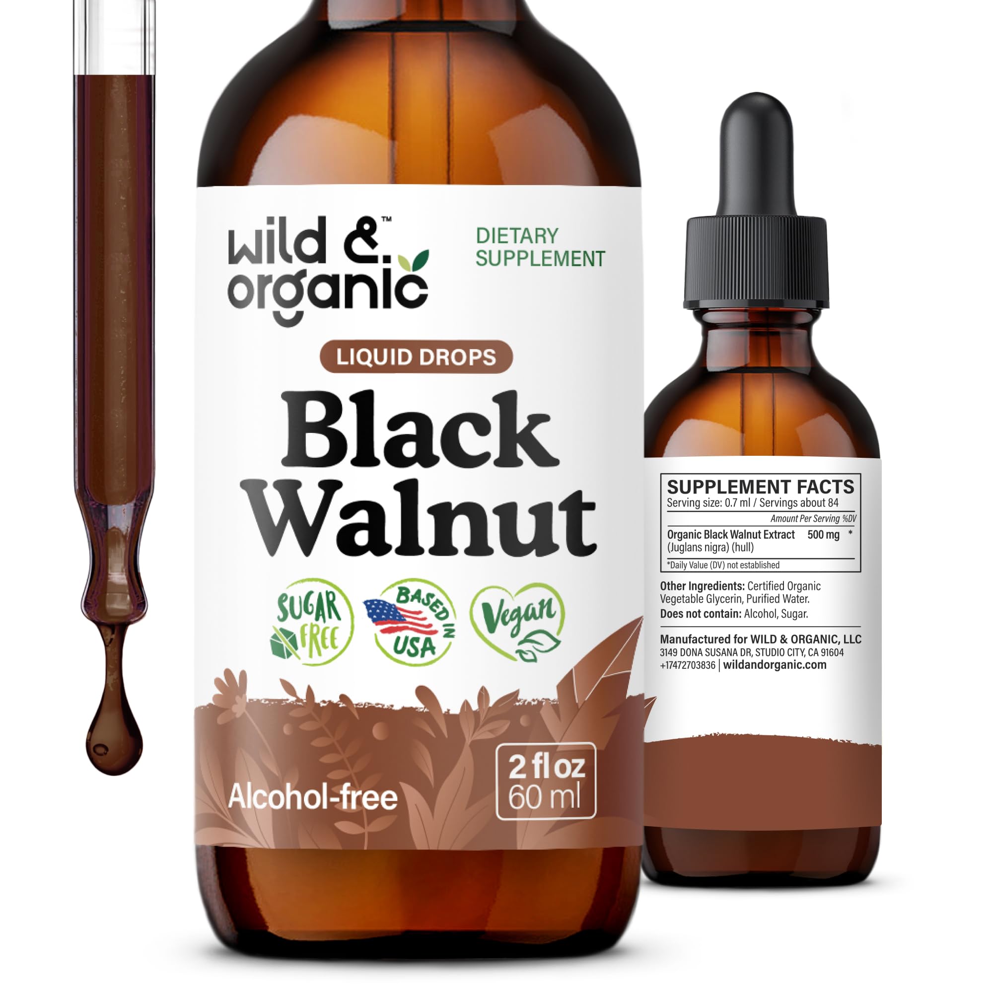 Wild & Organic teinture noix-noire bouteille – soutien detox potentiel et bien-être digestif.