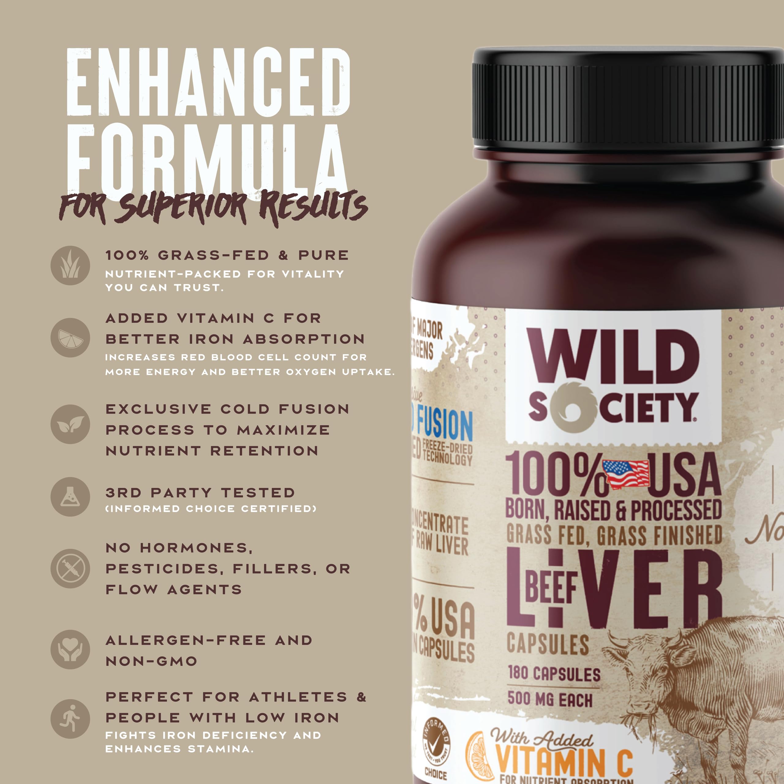 Wild Society capsules foie-boeuf 3000mg – peau, cheveux et ongles.