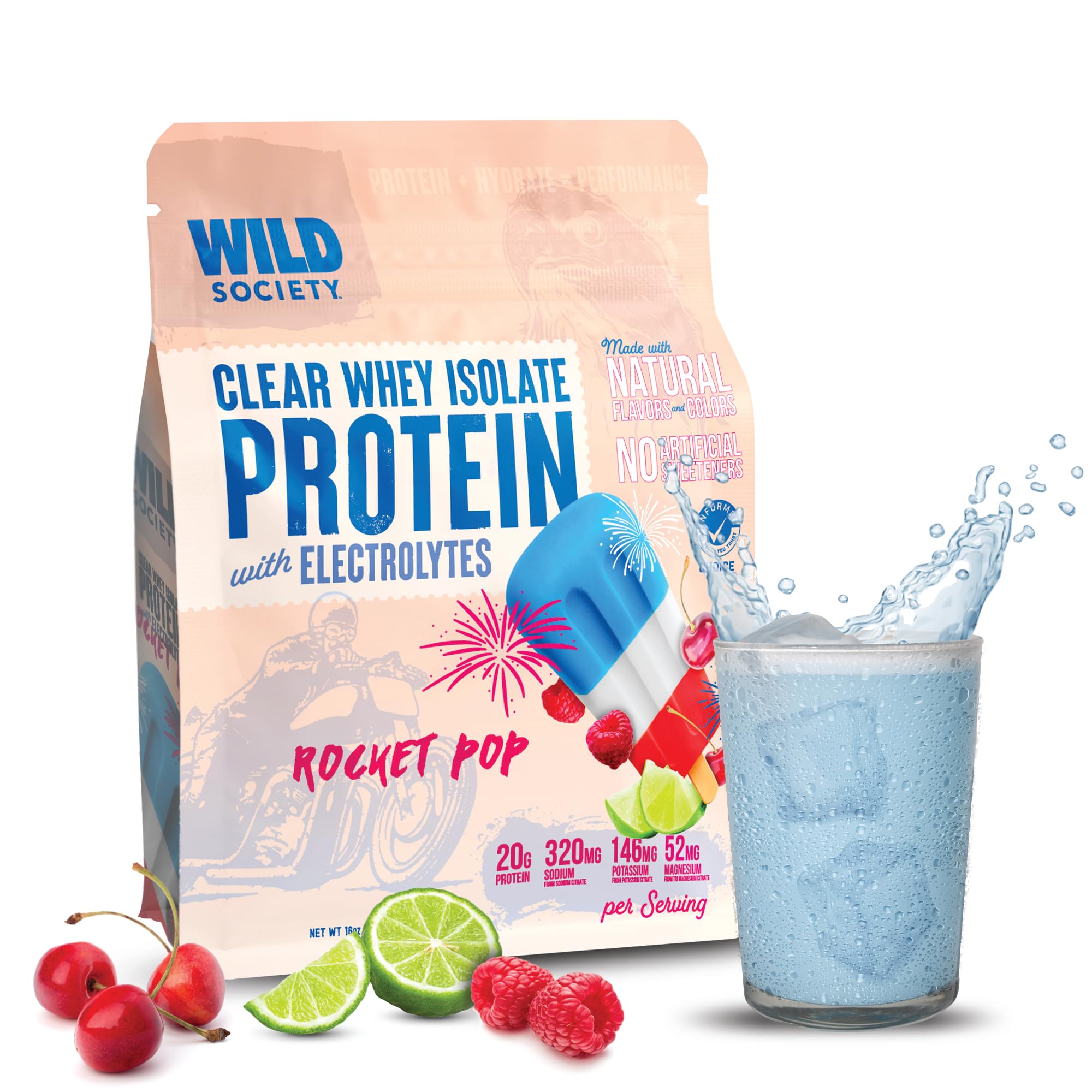 WILD SOCIETY Clear Whey Rocket Pop - bouteille rafraîchissante pour récupération et hydratation.