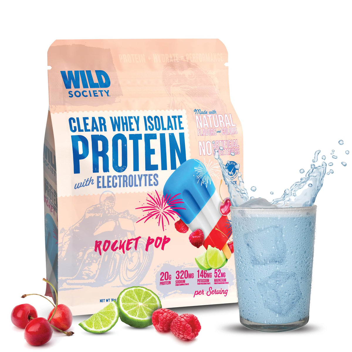 WILD SOCIETY Clear Whey Rocket Pop - bouteille rafraîchissante pour récupération et hydratation.