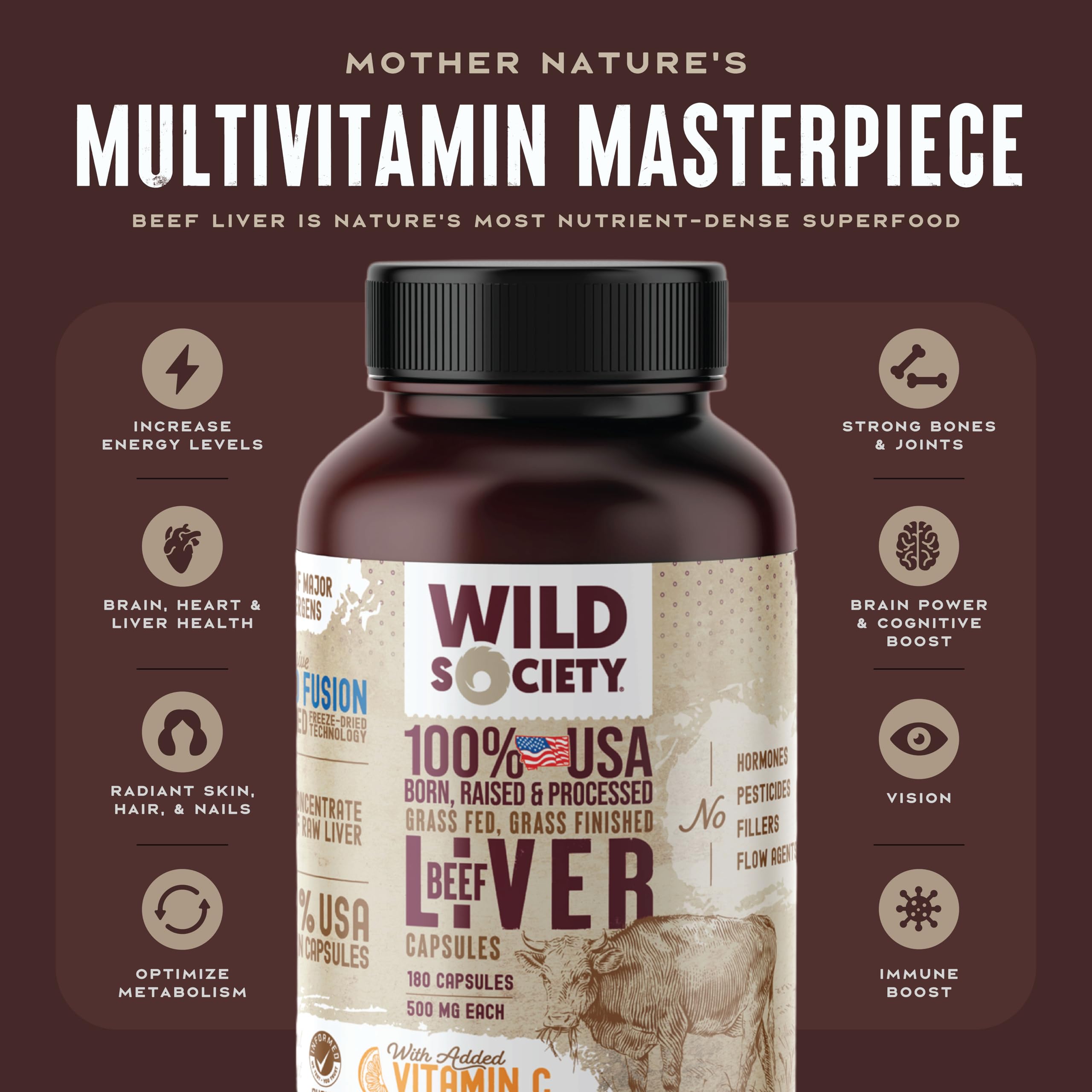 Wild Society capsules foie-boeuf 3000mg – soutien immunitaire potentiel.