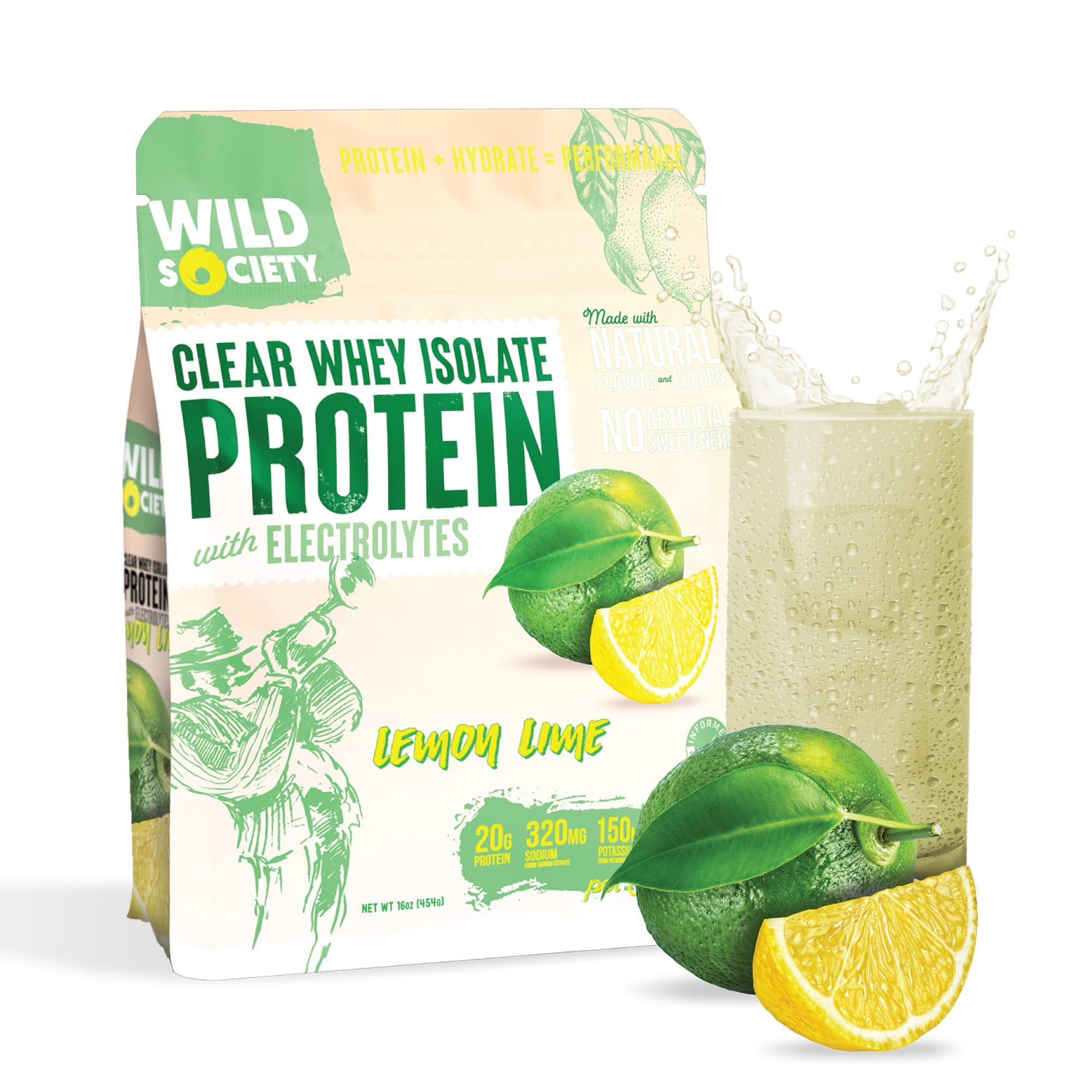 WILD SOCIETY protéine claire avec électrolytes, bouteille citron-lime prête pour l'entraînement.
