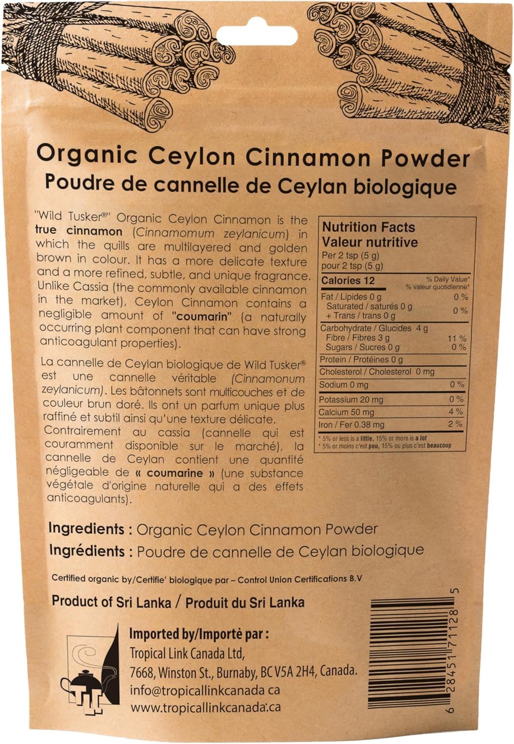 Wild Tusker Cannelle Ceylon – poudre prête pour infusion pour thé et infusions