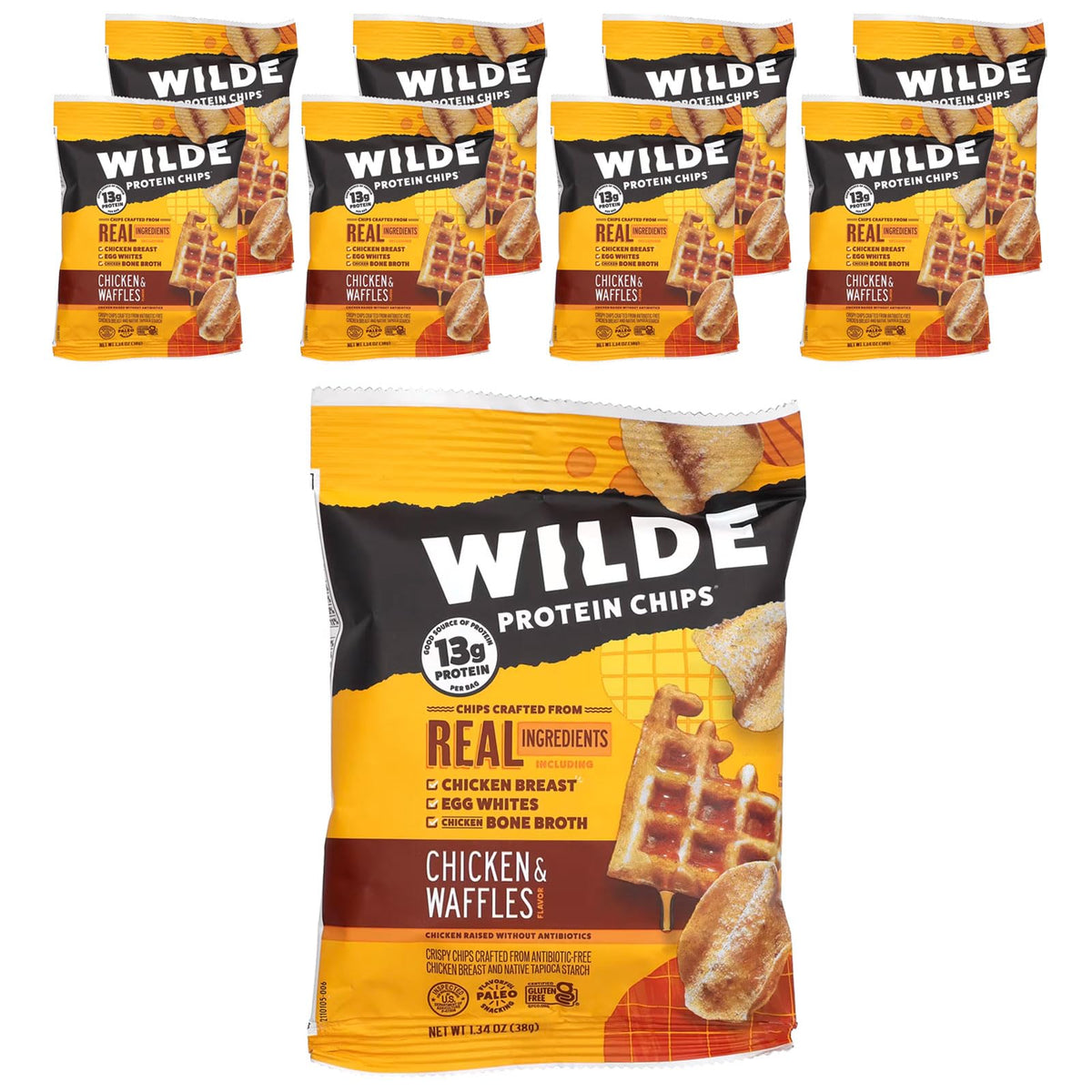 Chips protéinées Wilde Brands Poulet et Gaufre vue paquets, snack riche en protéines