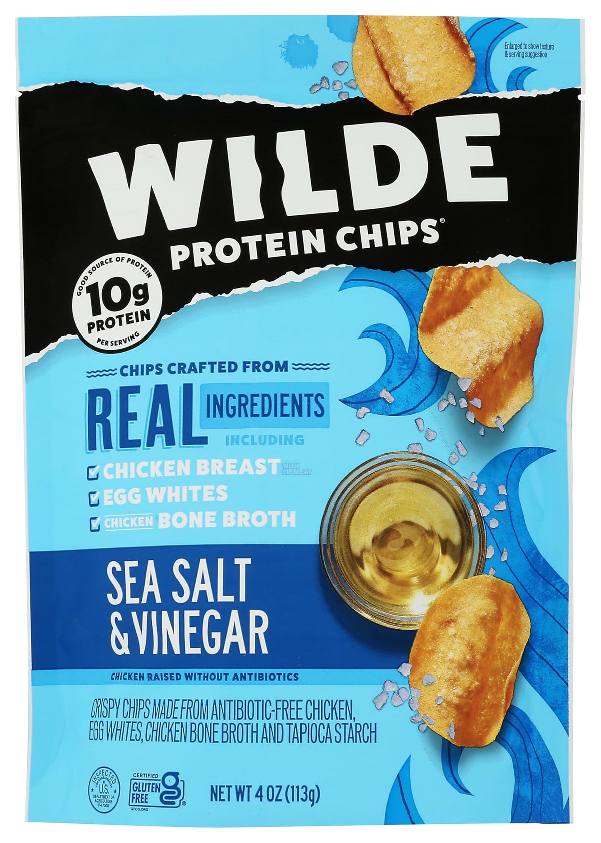 Chips protéinées Wilde en sachet, goût sel marin et vinaigre pour une collation pratique.