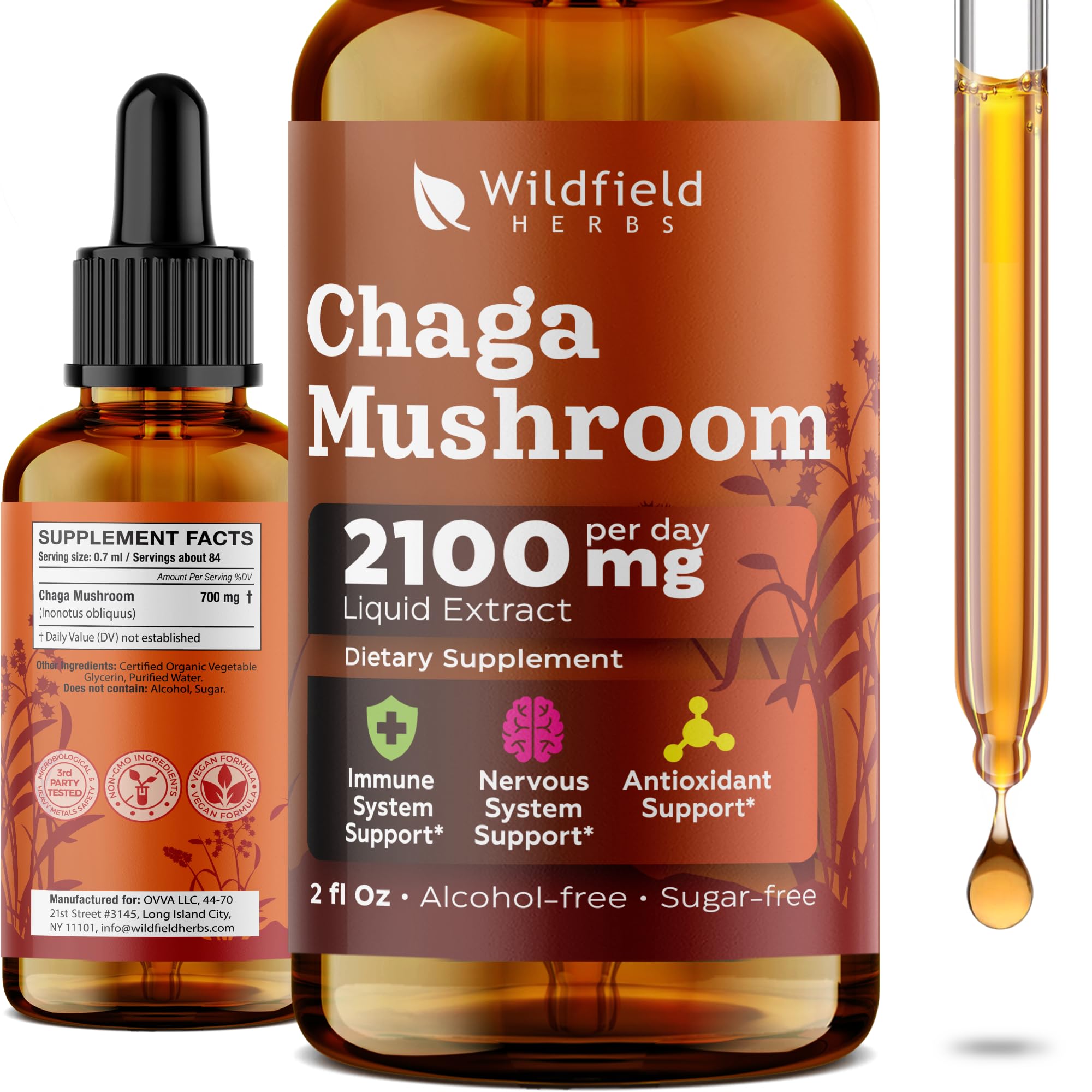 Chaga Wildfield Herbs: bouteille et pipette pour dosage précis