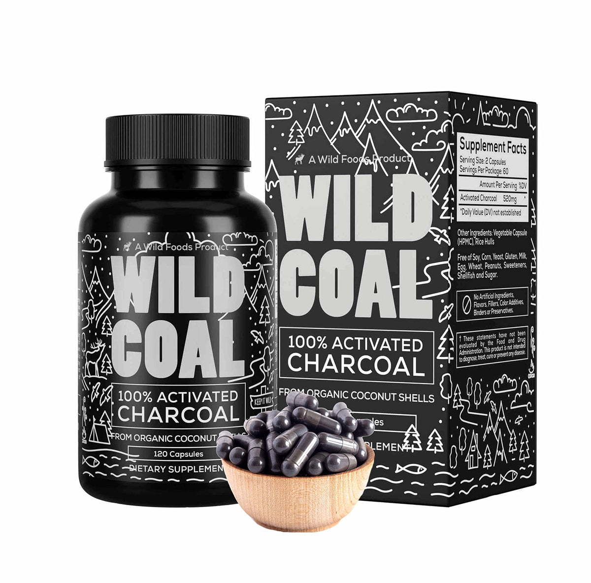 Wild Foods Charbon actif capsules boîtes — capsules pratiques pour la digestion.