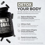 Wild Foods Charbon actif étiquette sans OGM — pureté et qualité clairement indiquées.