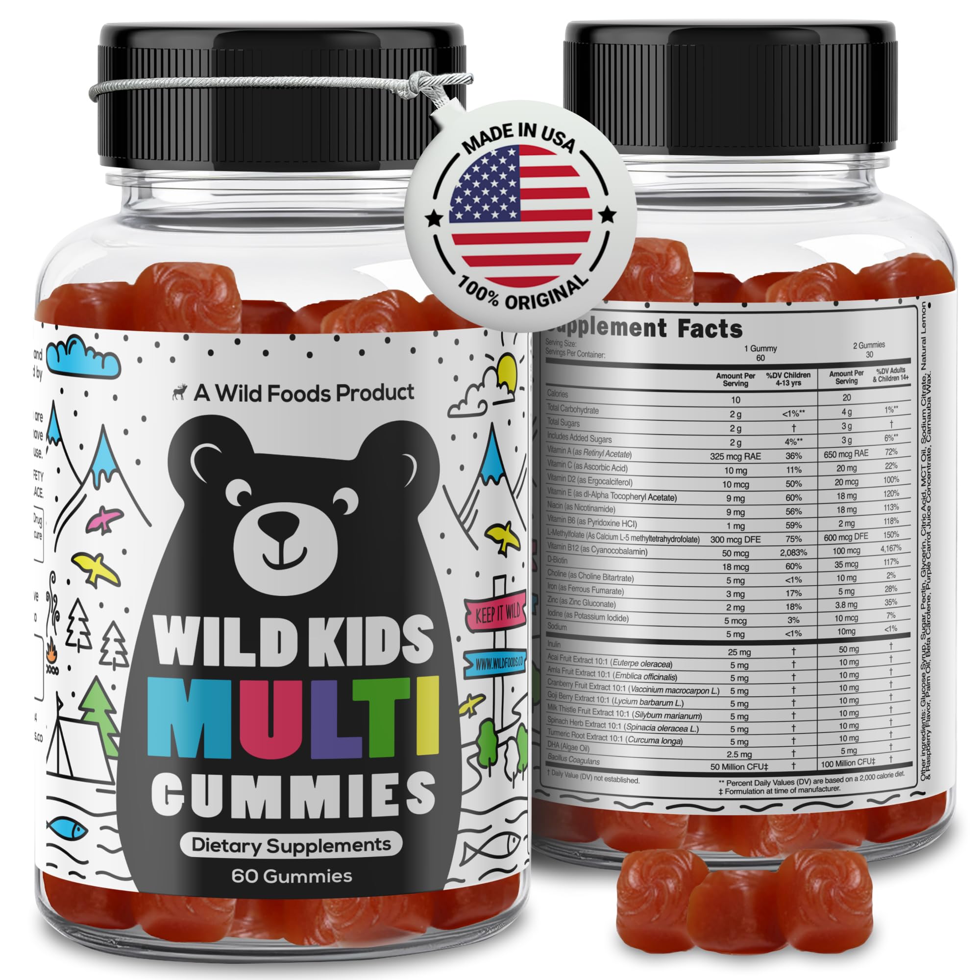 Wild Foods Gommes multivitamines enfants — emballage pratique pour une prise quotidienne.