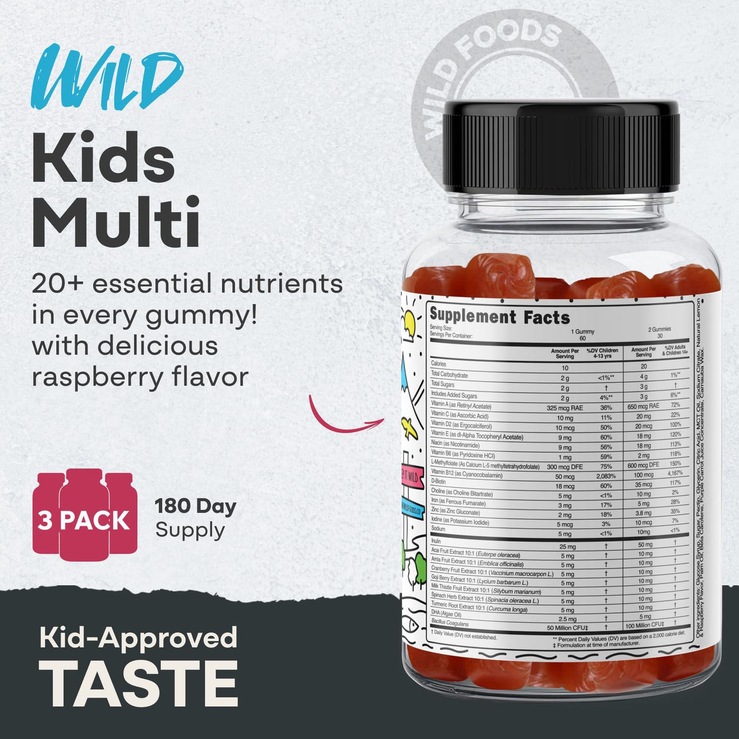 Wild Foods Gommes multivitamines enfants — prise facile et goût fruité.