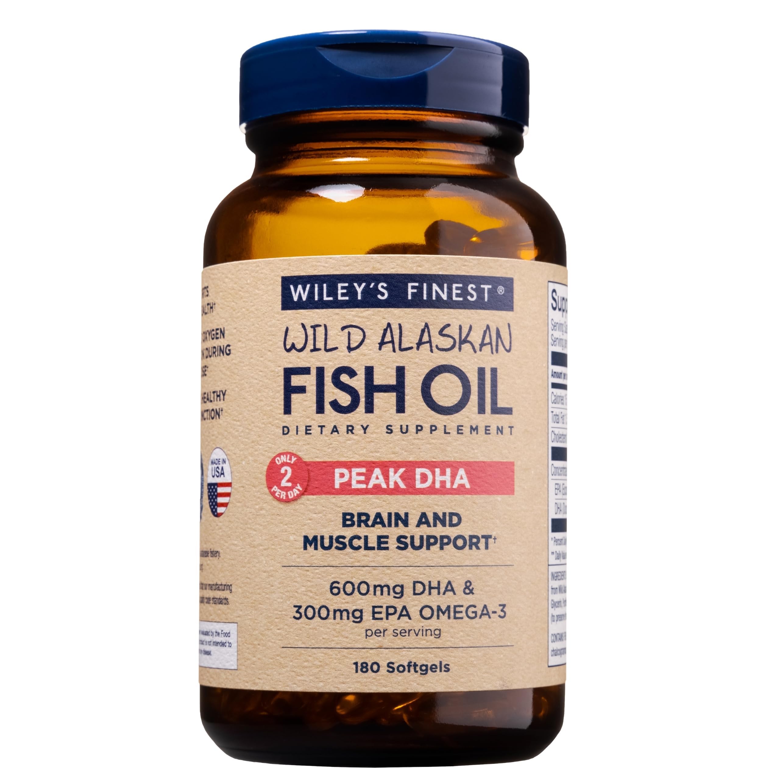 Wiley’s Finest Peak DHA – bouteille et dosage équilibré soutenant le cerveau et le bien-être quotidien.