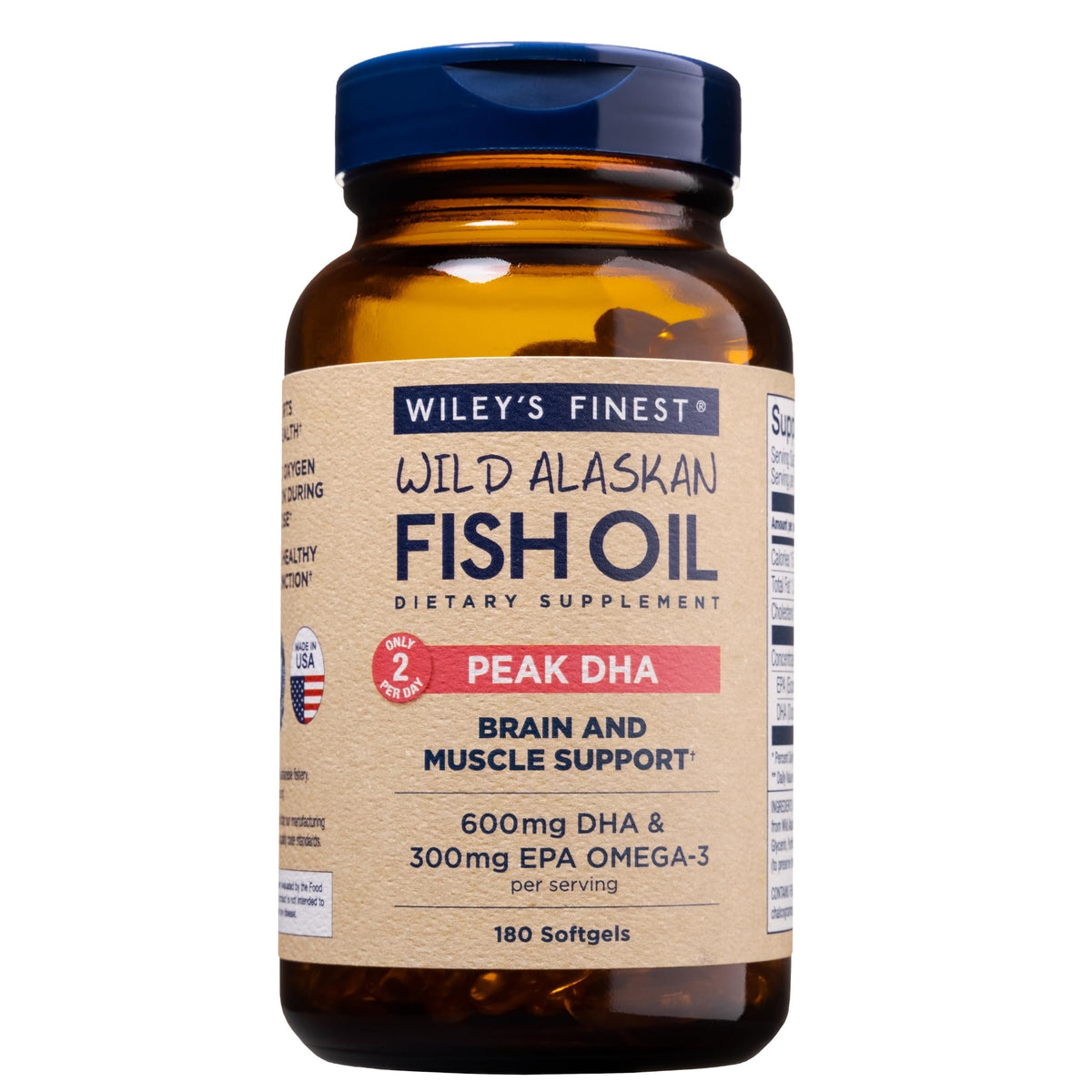 Wiley’s Finest Peak DHA – bouteille et dosage équilibré soutenant le cerveau et le bien-être quotidien.