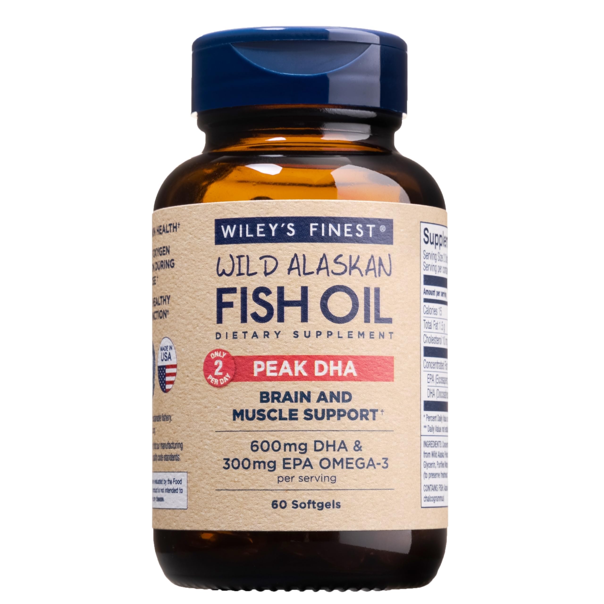 Wiley’s Finest Peak DHA : bouteille affichant DHA et EPA pour le cerveau