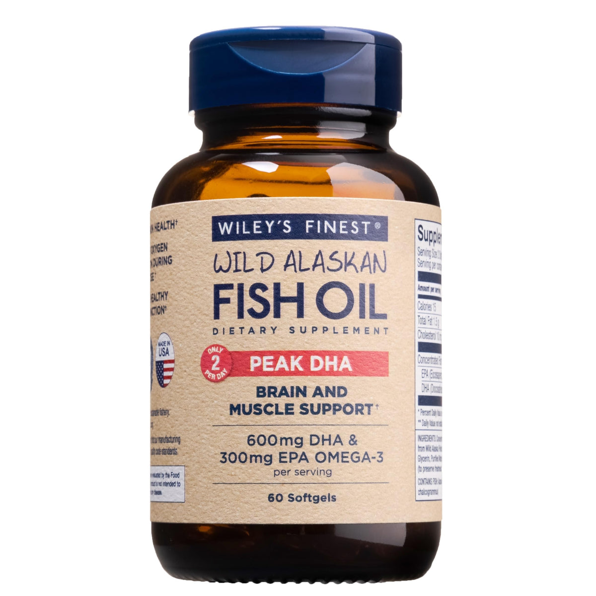 Wiley’s Finest Peak DHA : bouteille affichant DHA et EPA pour le cerveau