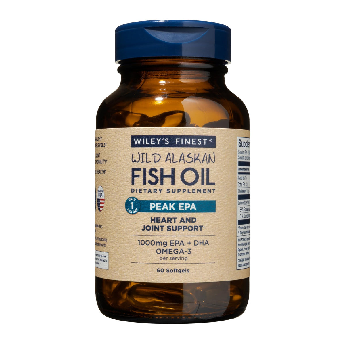 Bouteille Wiley's Finest Peak EPA montrant l'huile de poisson hautement concentrée pour le quotidien.