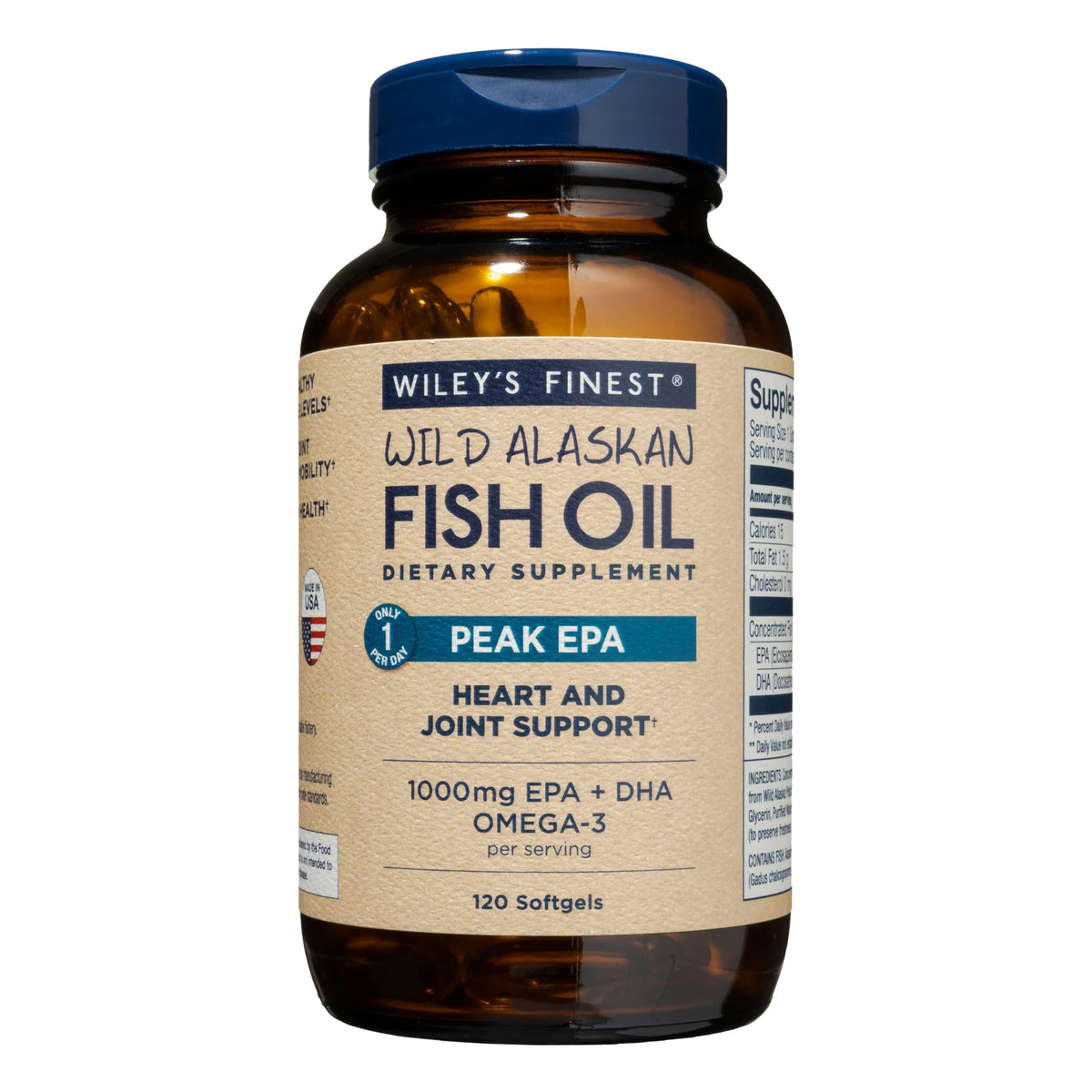 Bouteille Wiley's Finest Peak EPA montrant une dose omega-3 pour le coeur et les articulations