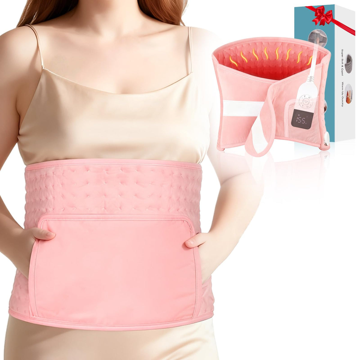 WillingHeart ceinture chauffante 51 pouces avec poche main pour chaleur ciblée et confort.