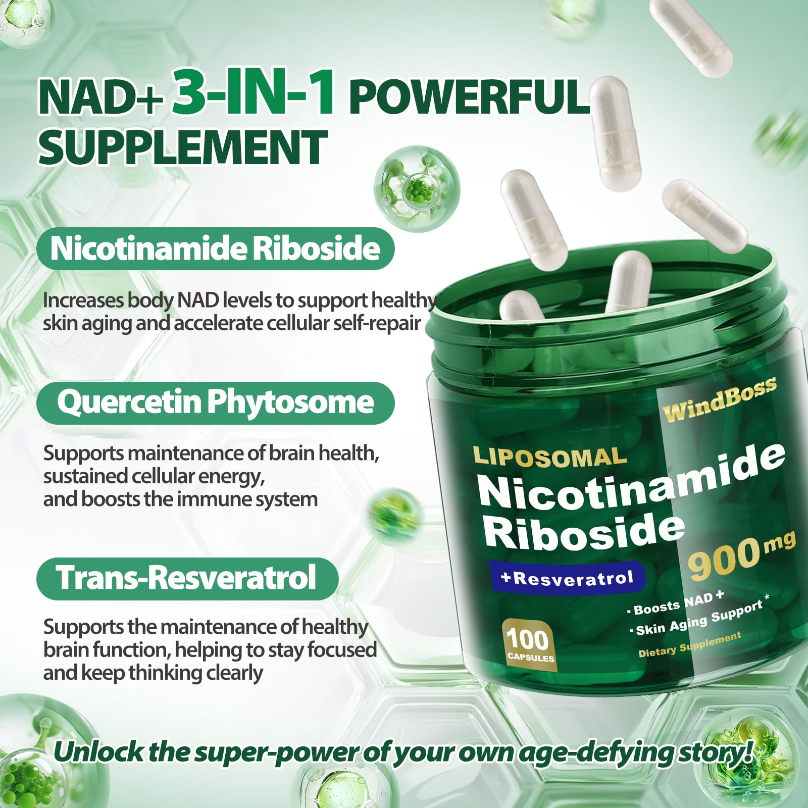 Windboss Liposomal NAD+ : absorption cellulaire améliorée grâce à la liposomalité.