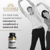 Windmill Biotine – gros plan sur cheveux sains et peau lumineuse.
