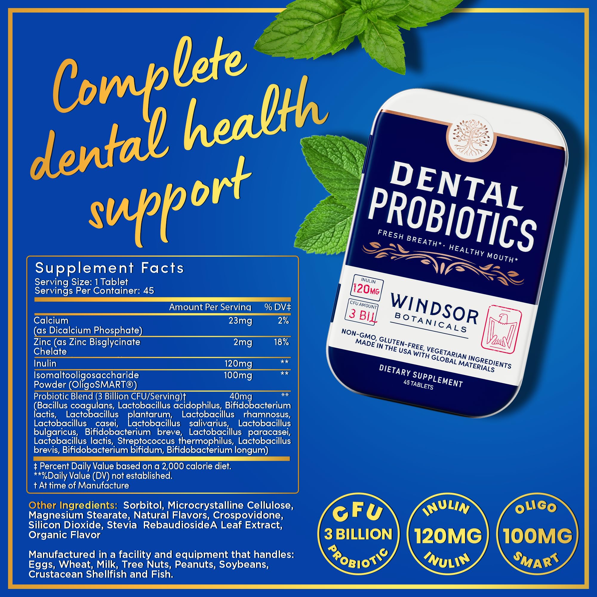 Tablettes Lactobacillus acidophilus Windsor Botanicals, formulation douce sans sucre.