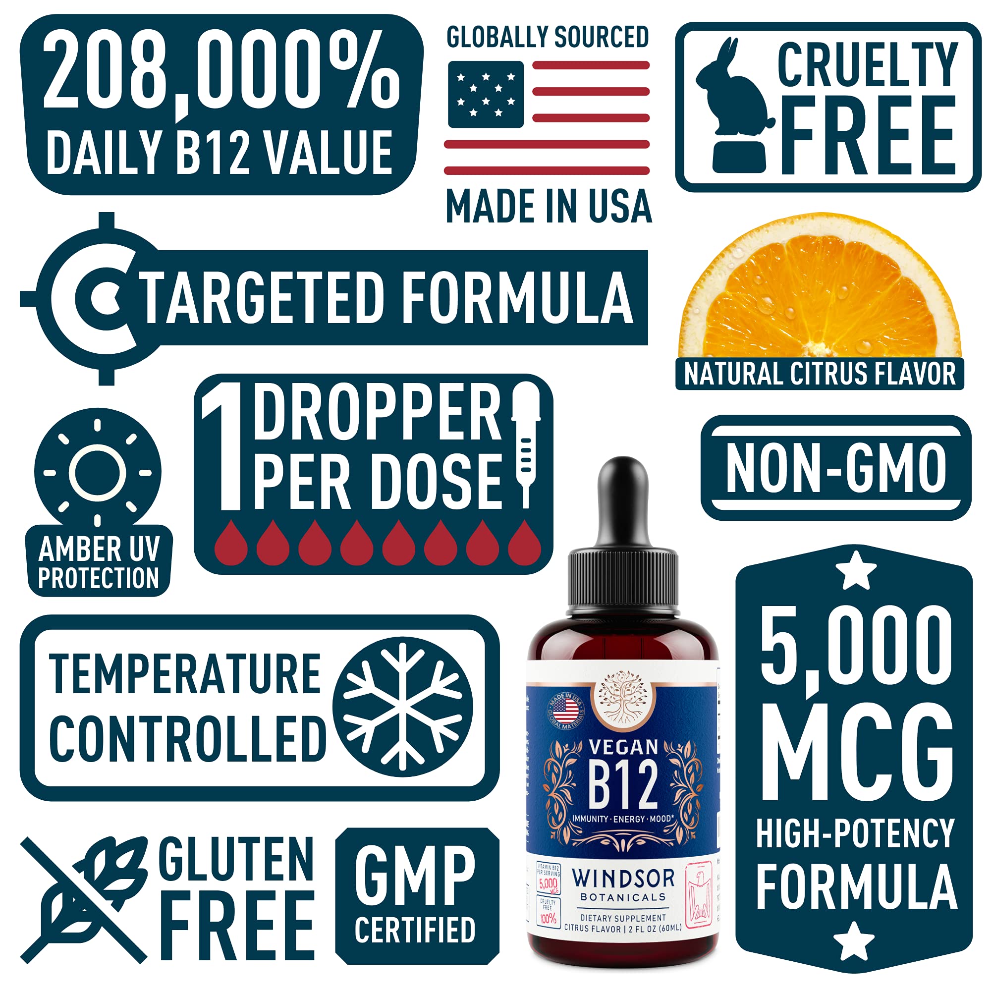 Gouttes B12 Windsor Botanicals goût citron, utilisation sous langue facile.