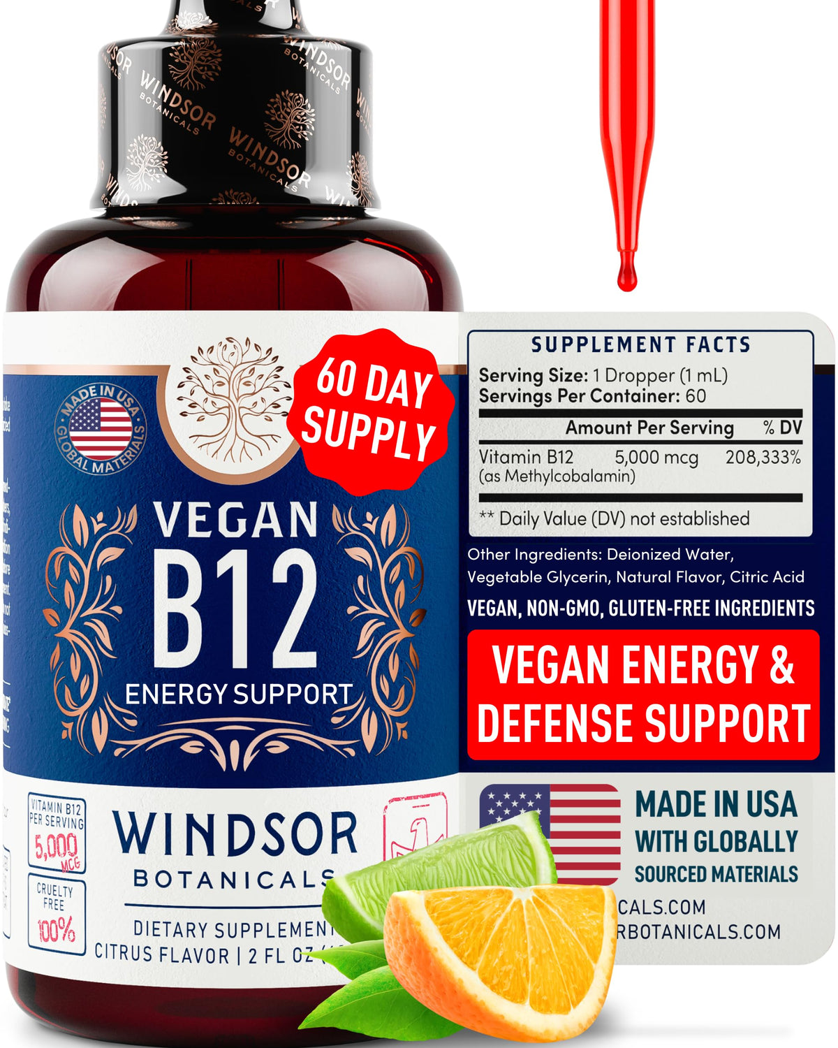 Gouttes B12 Windsor Botanicals sous langue, puissance maximale et absorption rapide.