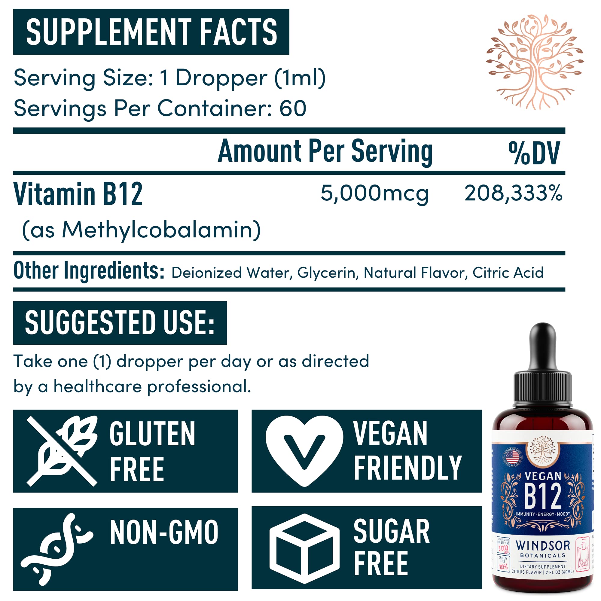 Soutien potentiel énergie et humeur grâce à B12 Windsor Botanicals.