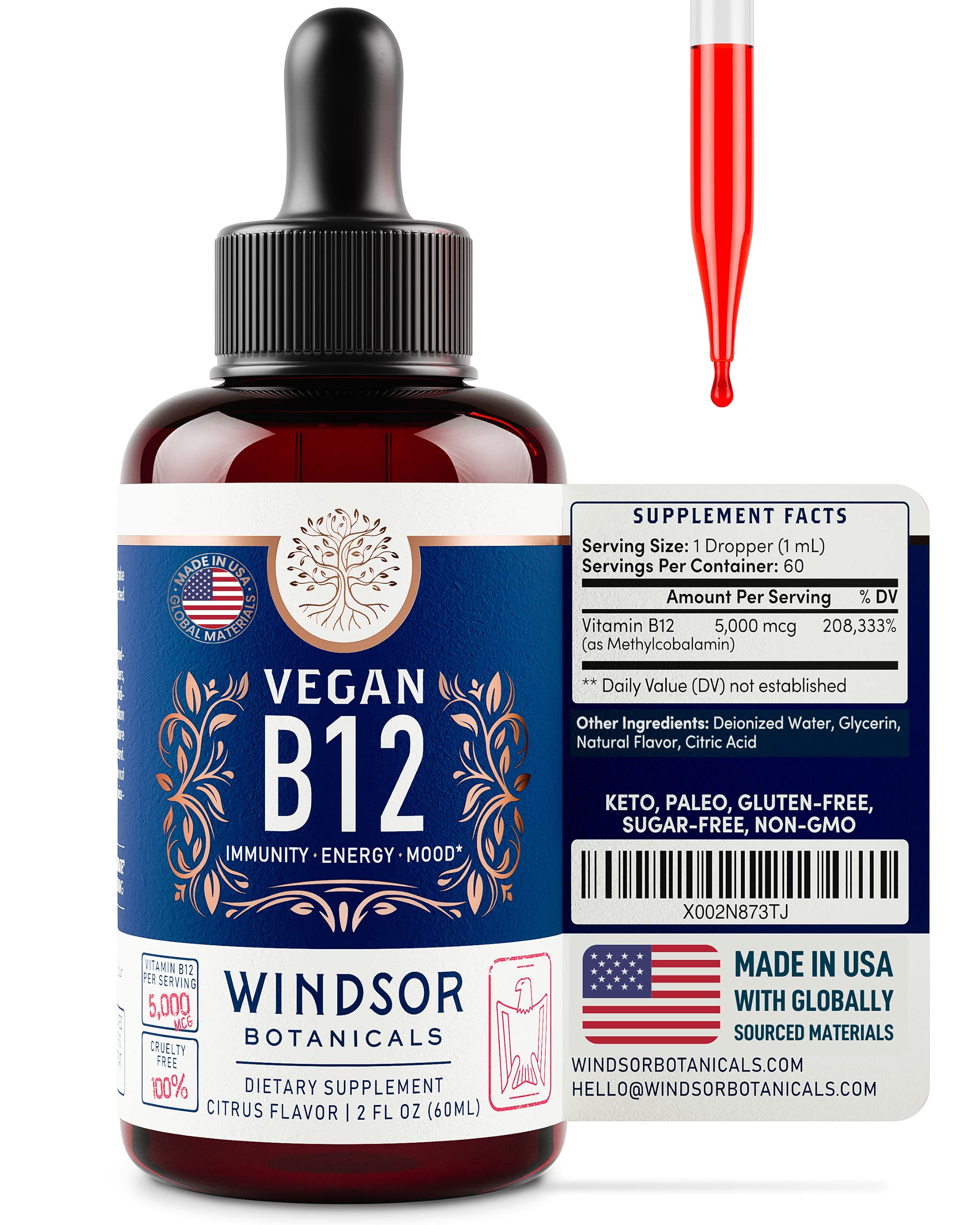 Formule vegan et sans OGM Windsor Botanicals B12.