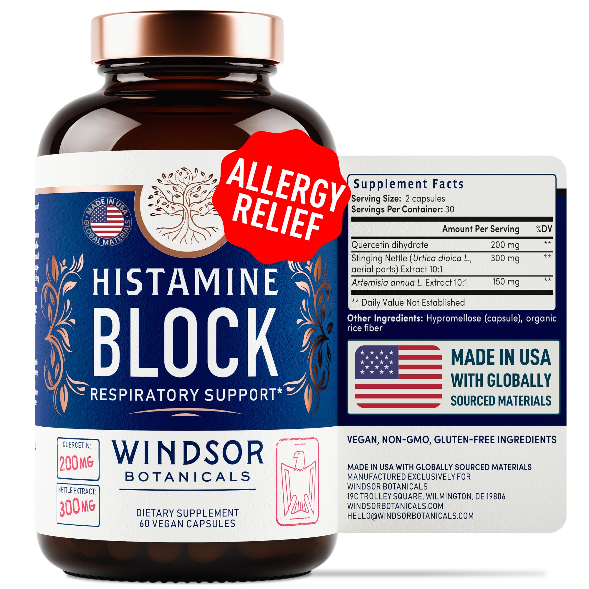WINDSOR BOTANICALS bloqueur d'histamine – bouteille prête à l'emploi, soutien naturel des allergies.