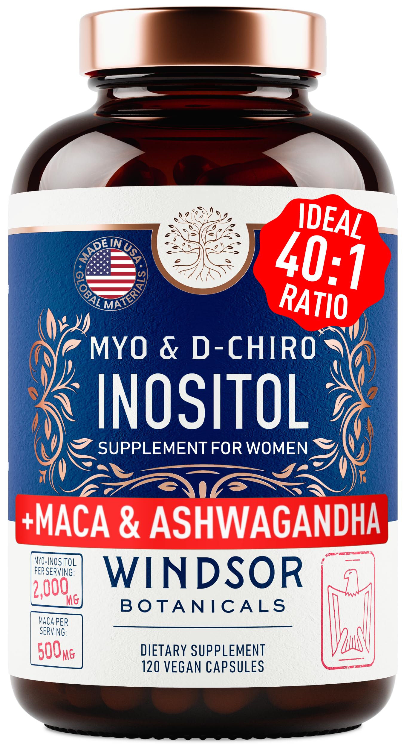 Bouteille Windsor Botanicals Myo-Inositol 40:1 pour l'équilibre hormonal potentiel.
