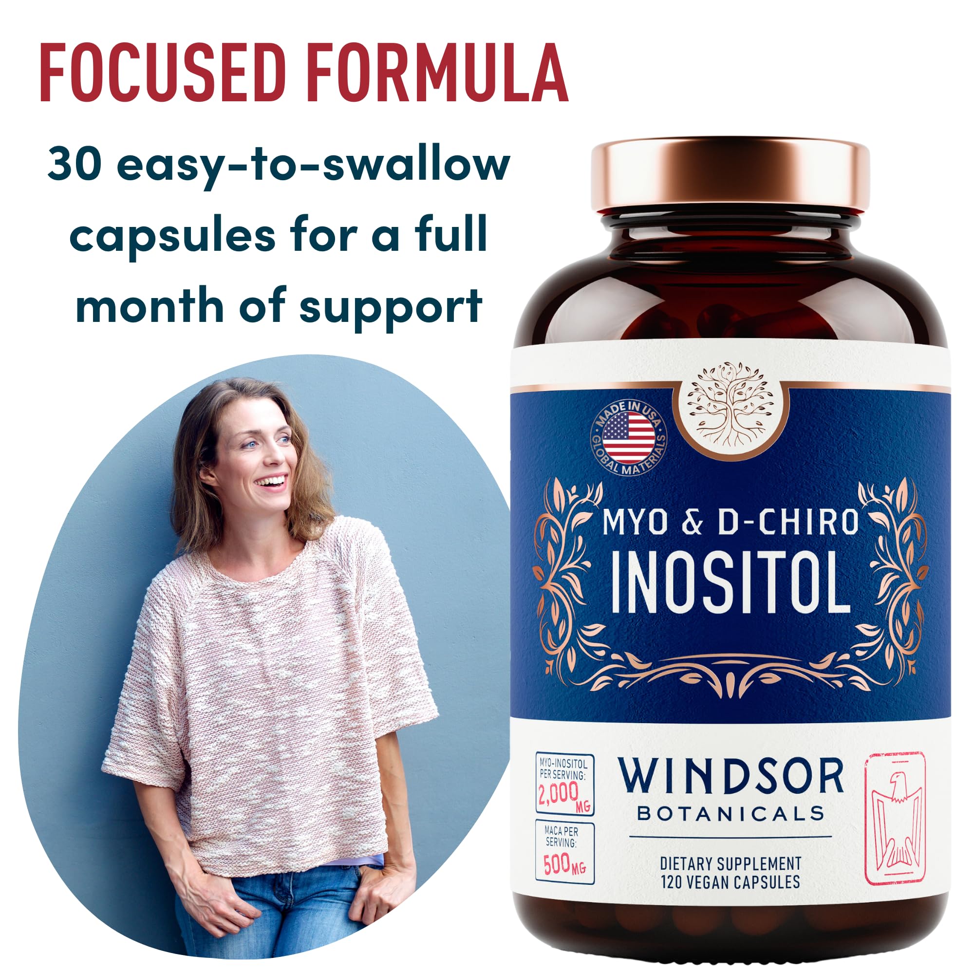 Capsules Maca-root Windsor Botanicals favorisant la fertilité potentielle et l'énergie.