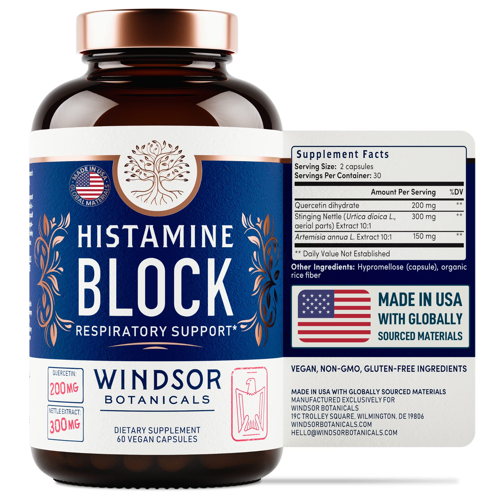 WINDSOR BOTANICALS Étiquette végane et sans OGM pour une consommation consciente.