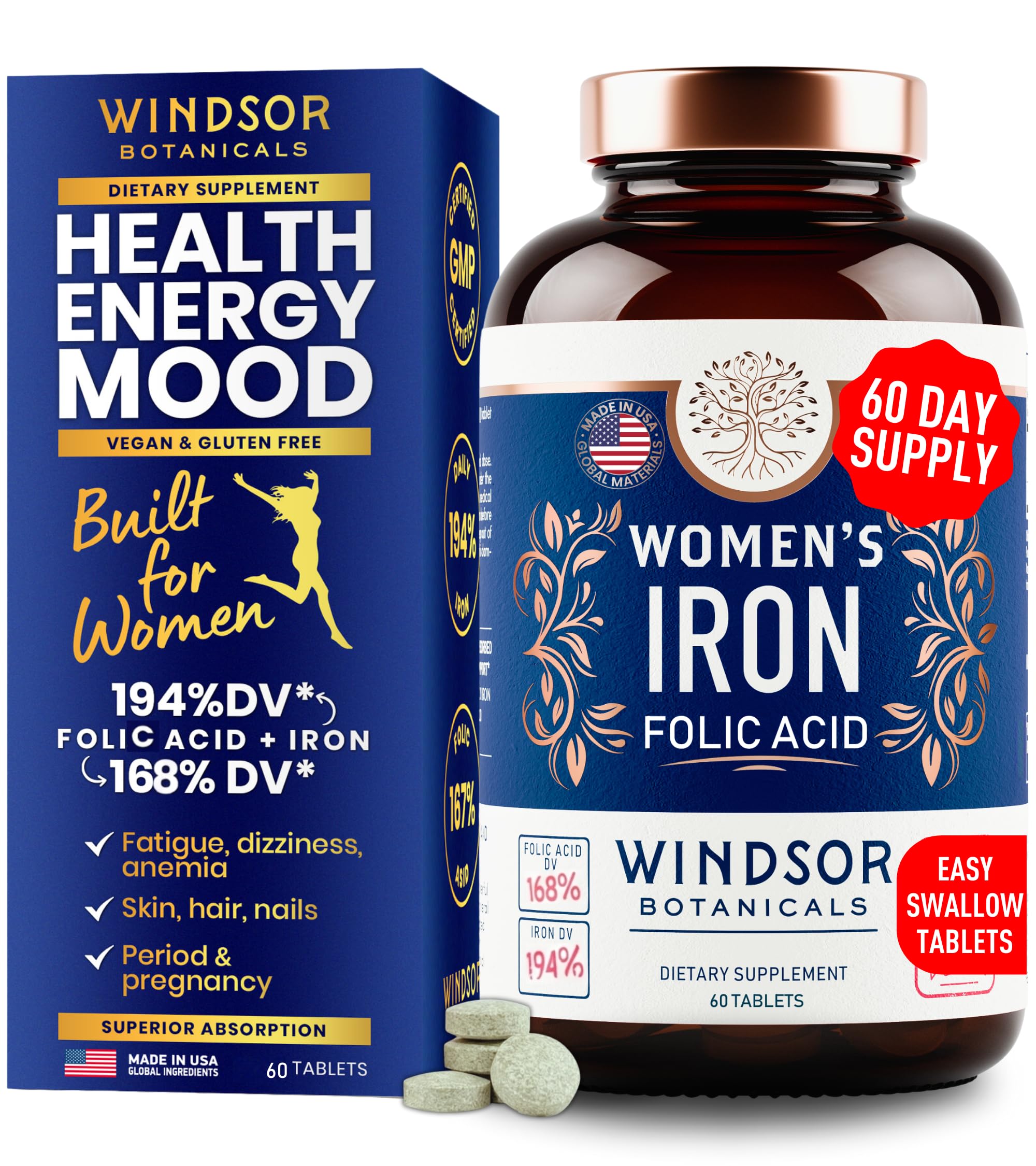WINDSOR BOTANICALS Fer doux 35 mg – Bouteille facile pour soutien quotidien.